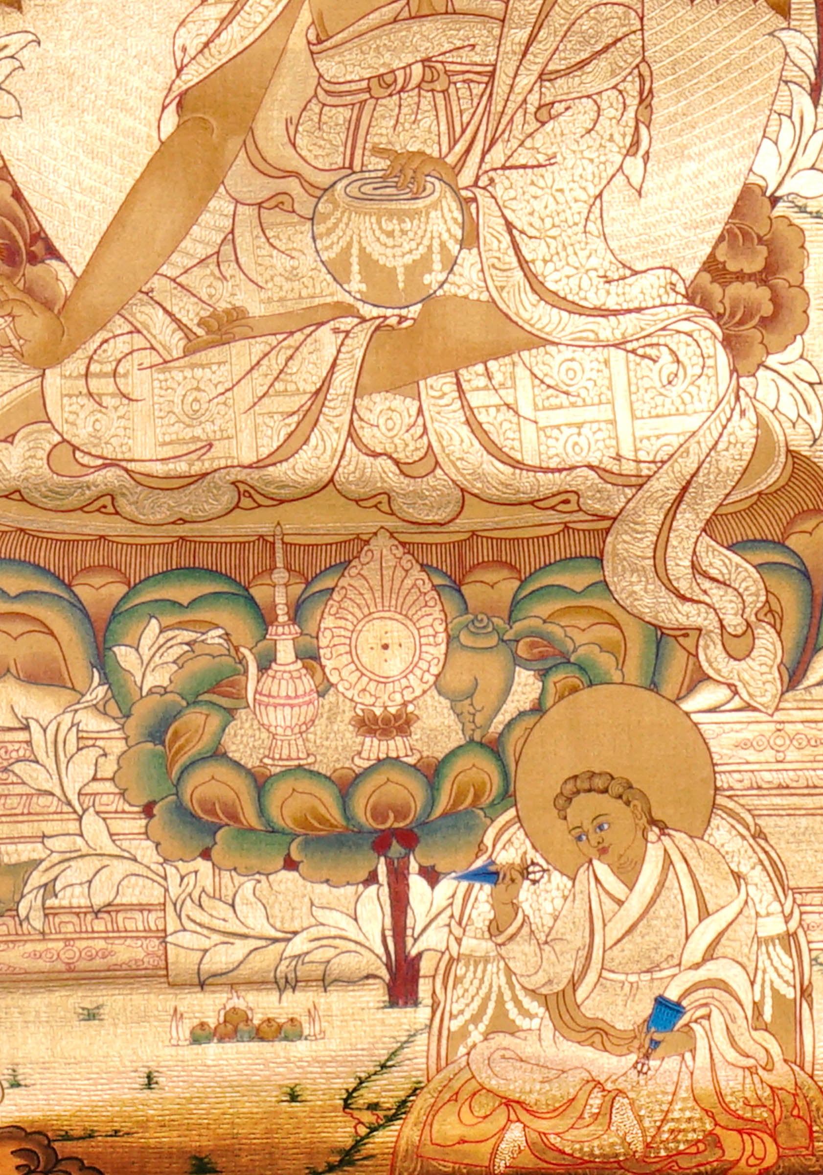 Guru Tsengye thangka set depicting the Eight Manifestations of Guru Padmasambhava in traditional Newari style with gold background, lineage figures, wrathful deities, lotus thrones, and intricate Vajrayana Buddhist symbolism.