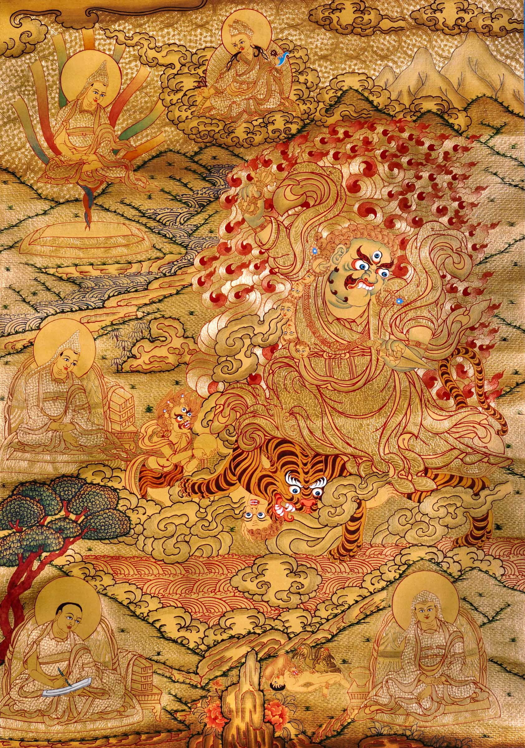 Guru Tsengye thangka set depicting the Eight Manifestations of Guru Padmasambhava in traditional Newari style with gold background, lineage figures, wrathful deities, lotus thrones, and intricate Vajrayana Buddhist symbolism.
