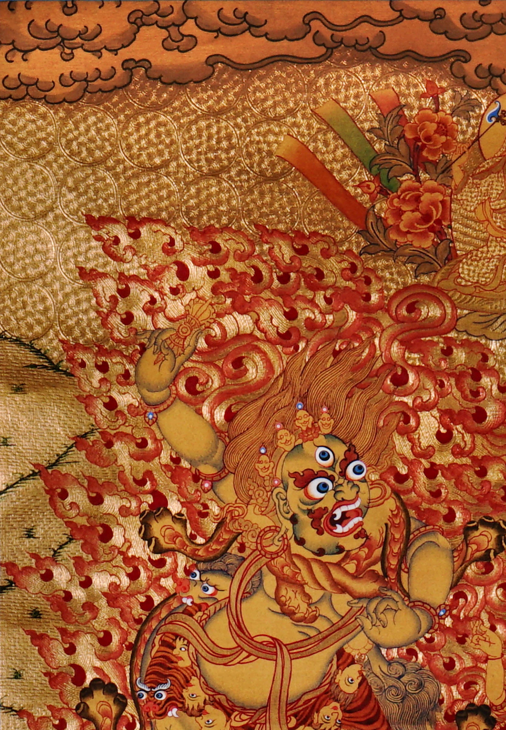 Guru Tsengye thangka set depicting the Eight Manifestations of Guru Padmasambhava in traditional Newari style with gold background, lineage figures, wrathful deities, lotus thrones, and intricate Vajrayana Buddhist symbolism.