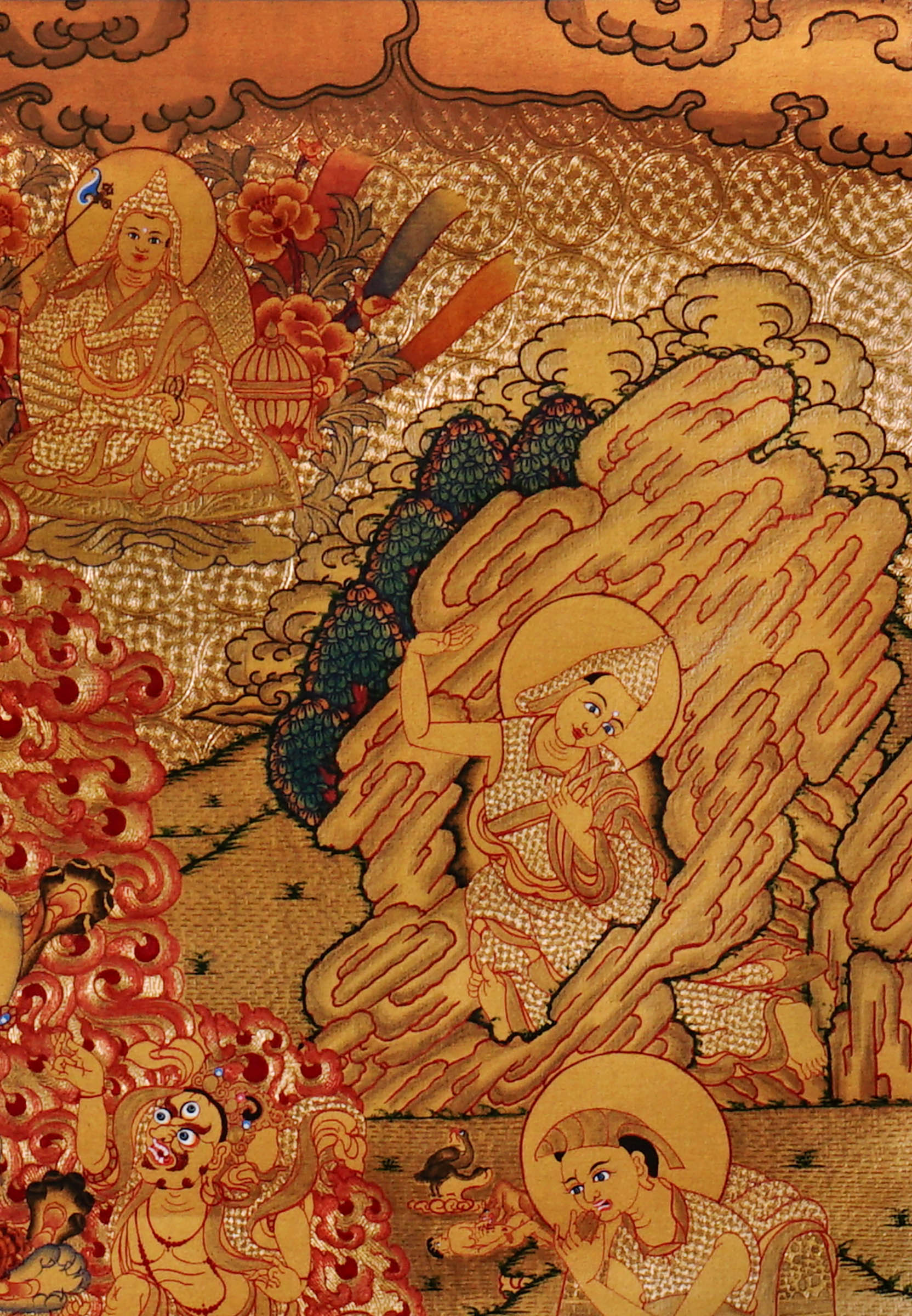 Guru Tsengye thangka set depicting the Eight Manifestations of Guru Padmasambhava in traditional Newari style with gold background, lineage figures, wrathful deities, lotus thrones, and intricate Vajrayana Buddhist symbolism.