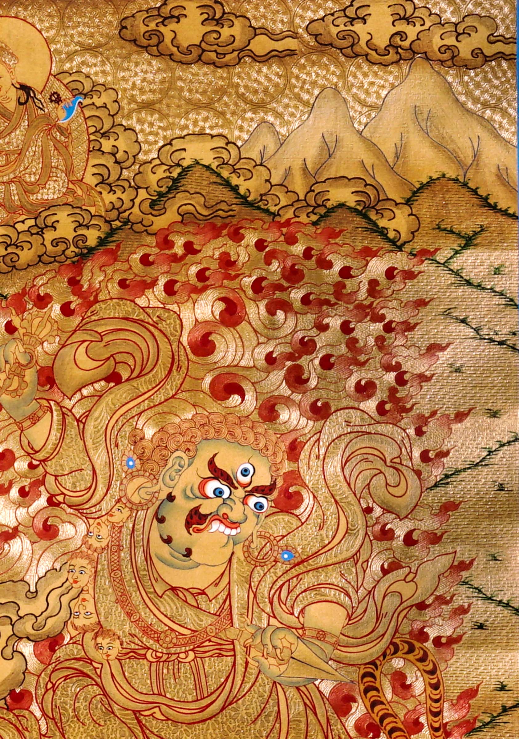 Guru Tsengye thangka set depicting the Eight Manifestations of Guru Padmasambhava in traditional Newari style with gold background, lineage figures, wrathful deities, lotus thrones, and intricate Vajrayana Buddhist symbolism.