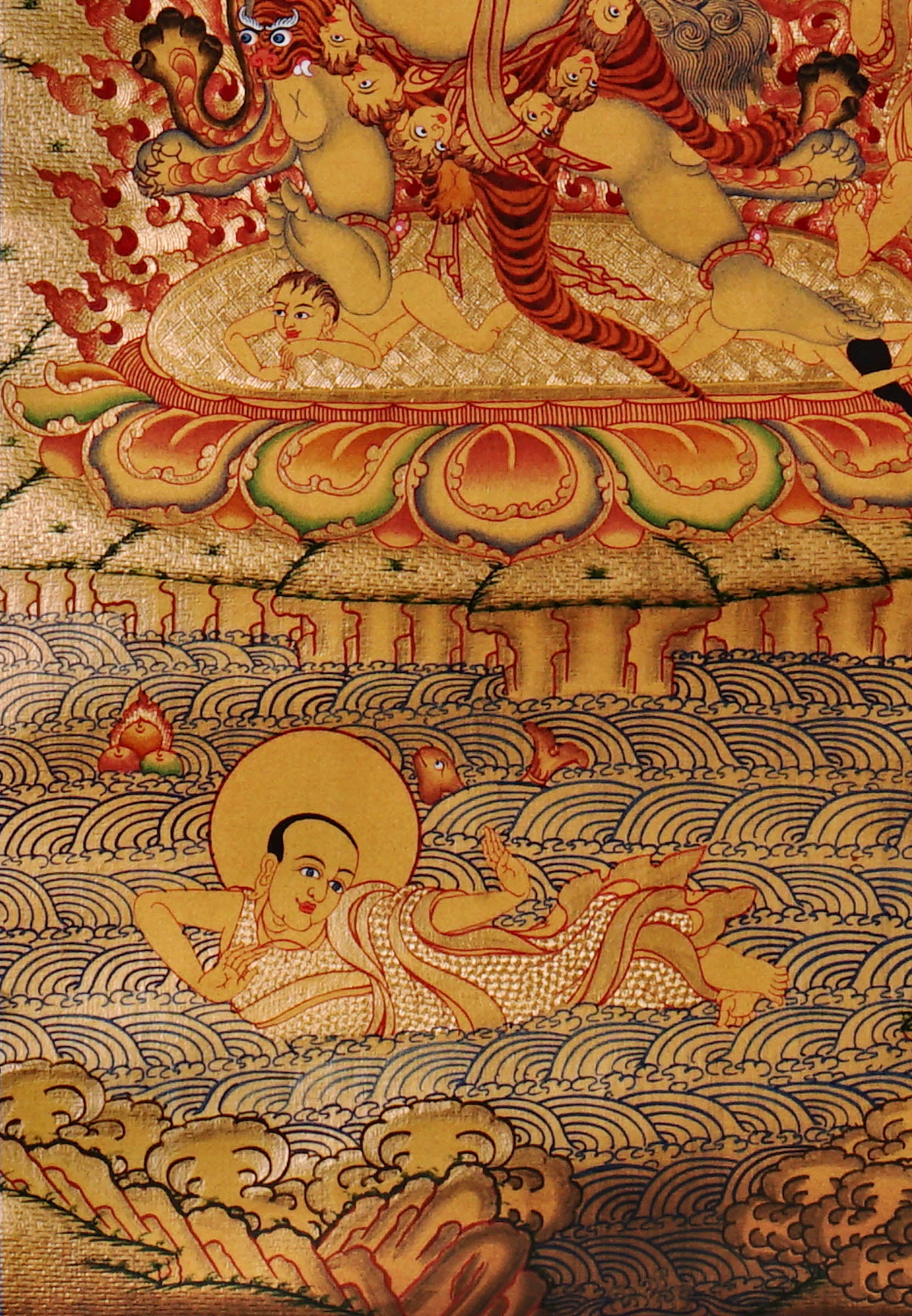 Guru Tsengye thangka set depicting the Eight Manifestations of Guru Padmasambhava in traditional Newari style with gold background, lineage figures, wrathful deities, lotus thrones, and intricate Vajrayana Buddhist symbolism.