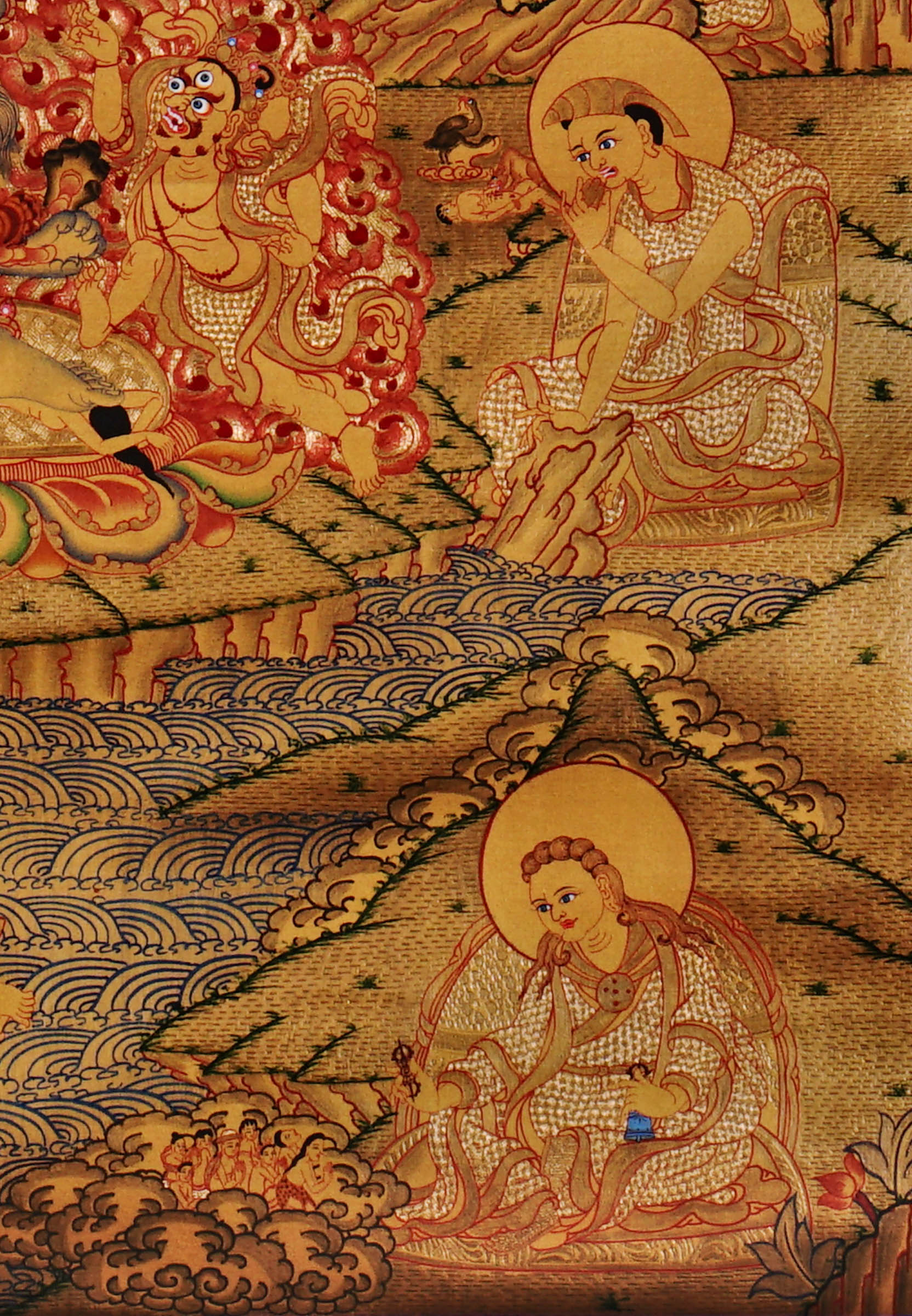 Guru Tsengye thangka set depicting the Eight Manifestations of Guru Padmasambhava in traditional Newari style with gold background, lineage figures, wrathful deities, lotus thrones, and intricate Vajrayana Buddhist symbolism.