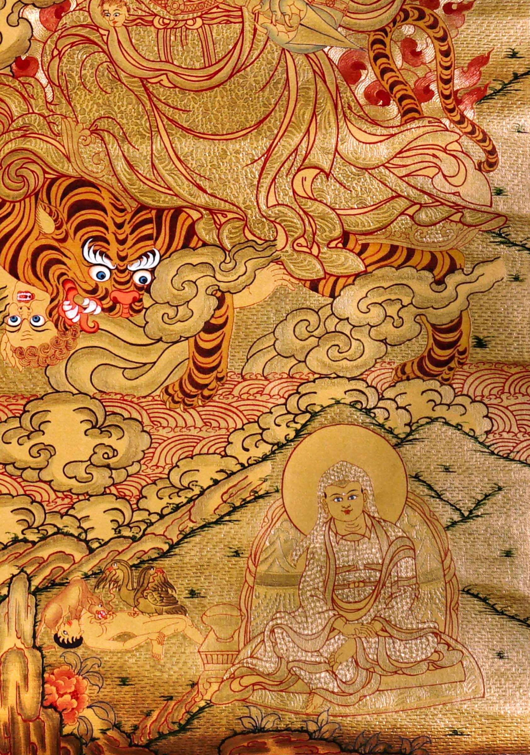 Guru Tsengye thangka set depicting the Eight Manifestations of Guru Padmasambhava in traditional Newari style with gold background, lineage figures, wrathful deities, lotus thrones, and intricate Vajrayana Buddhist symbolism.