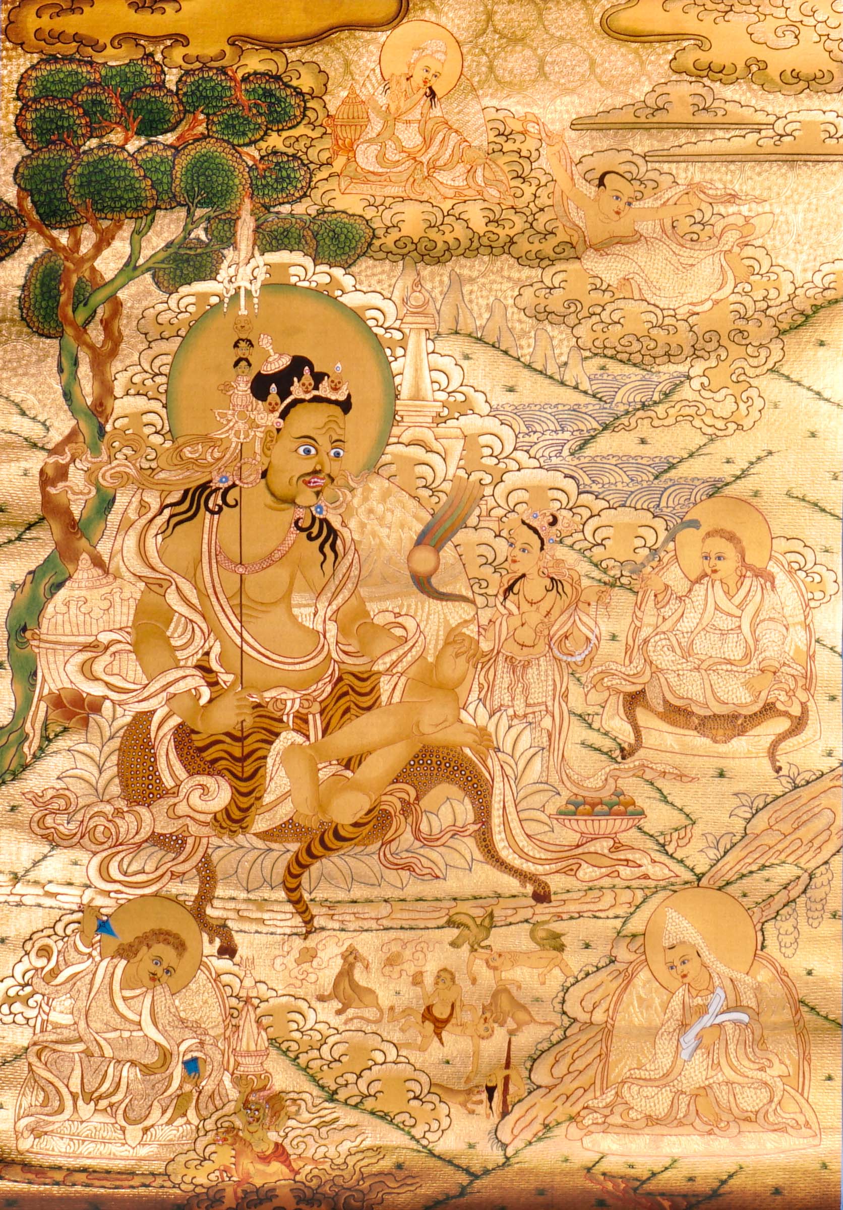 Guru Tsengye thangka set depicting the Eight Manifestations of Guru Padmasambhava in traditional Newari style with gold background, lineage figures, wrathful deities, lotus thrones, and intricate Vajrayana Buddhist symbolism.