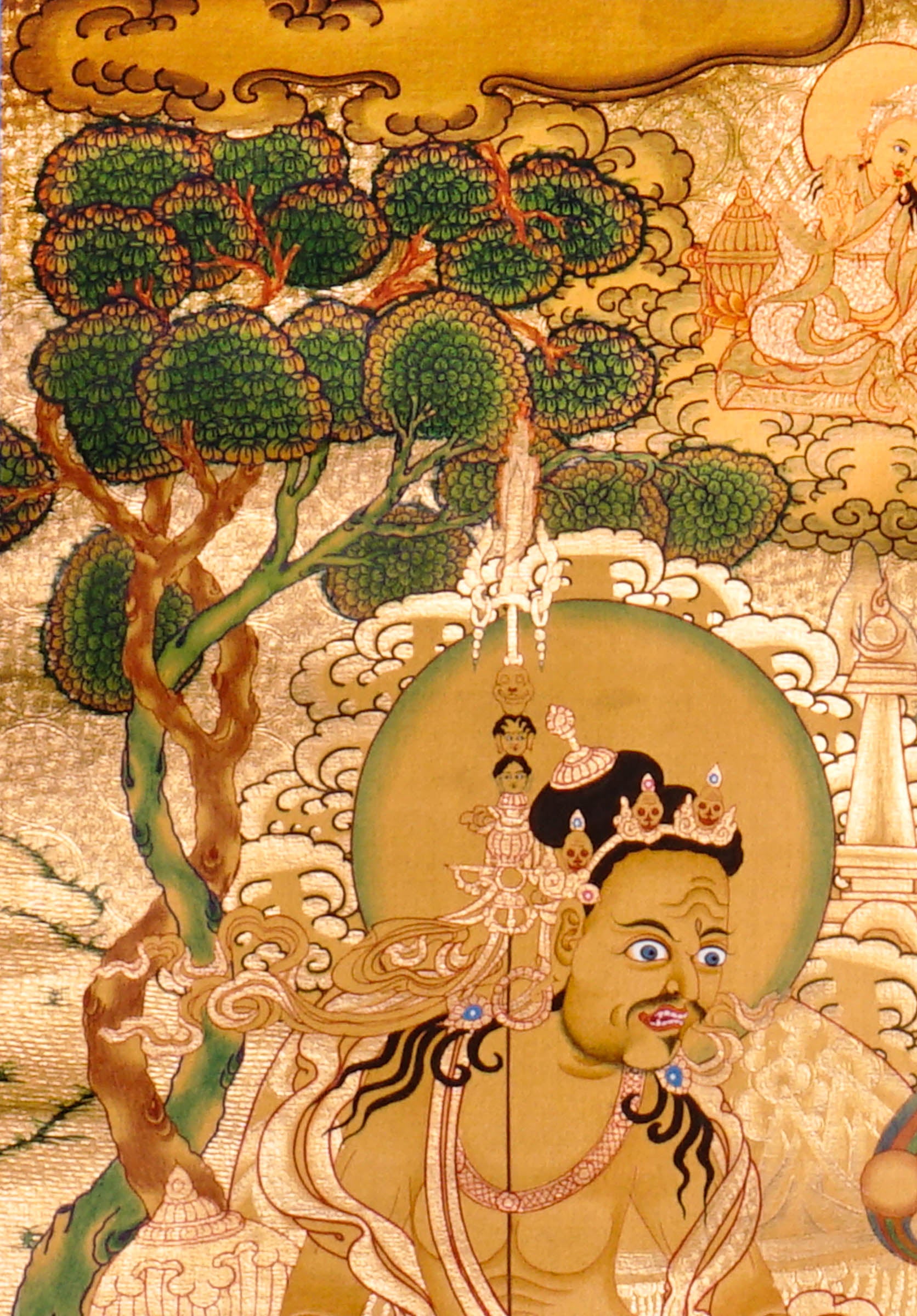 Guru Tsengye thangka set depicting the Eight Manifestations of Guru Padmasambhava in traditional Newari style with gold background, lineage figures, wrathful deities, lotus thrones, and intricate Vajrayana Buddhist symbolism.