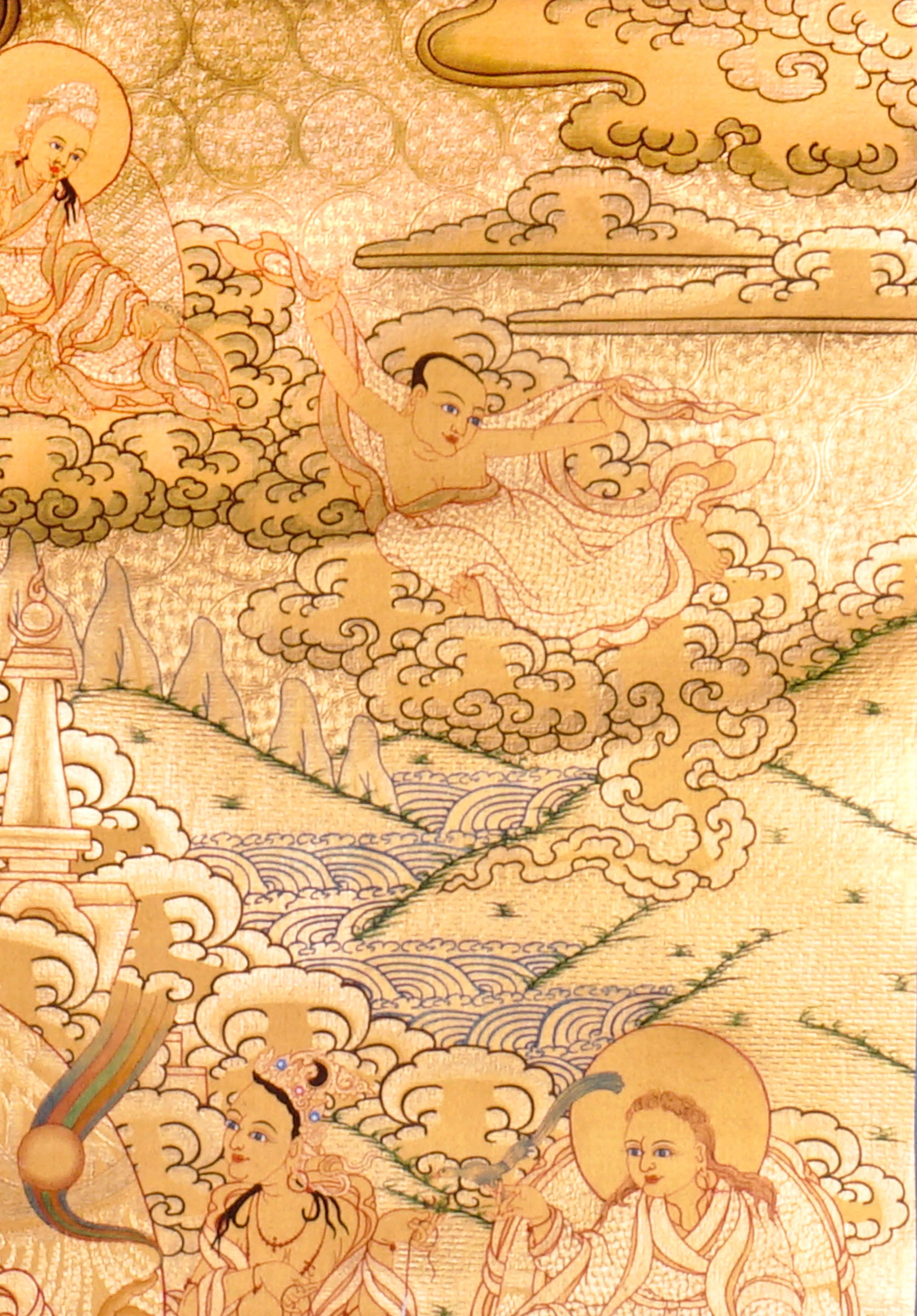 Guru Tsengye thangka set depicting the Eight Manifestations of Guru Padmasambhava in traditional Newari style with gold background, lineage figures, wrathful deities, lotus thrones, and intricate Vajrayana Buddhist symbolism.