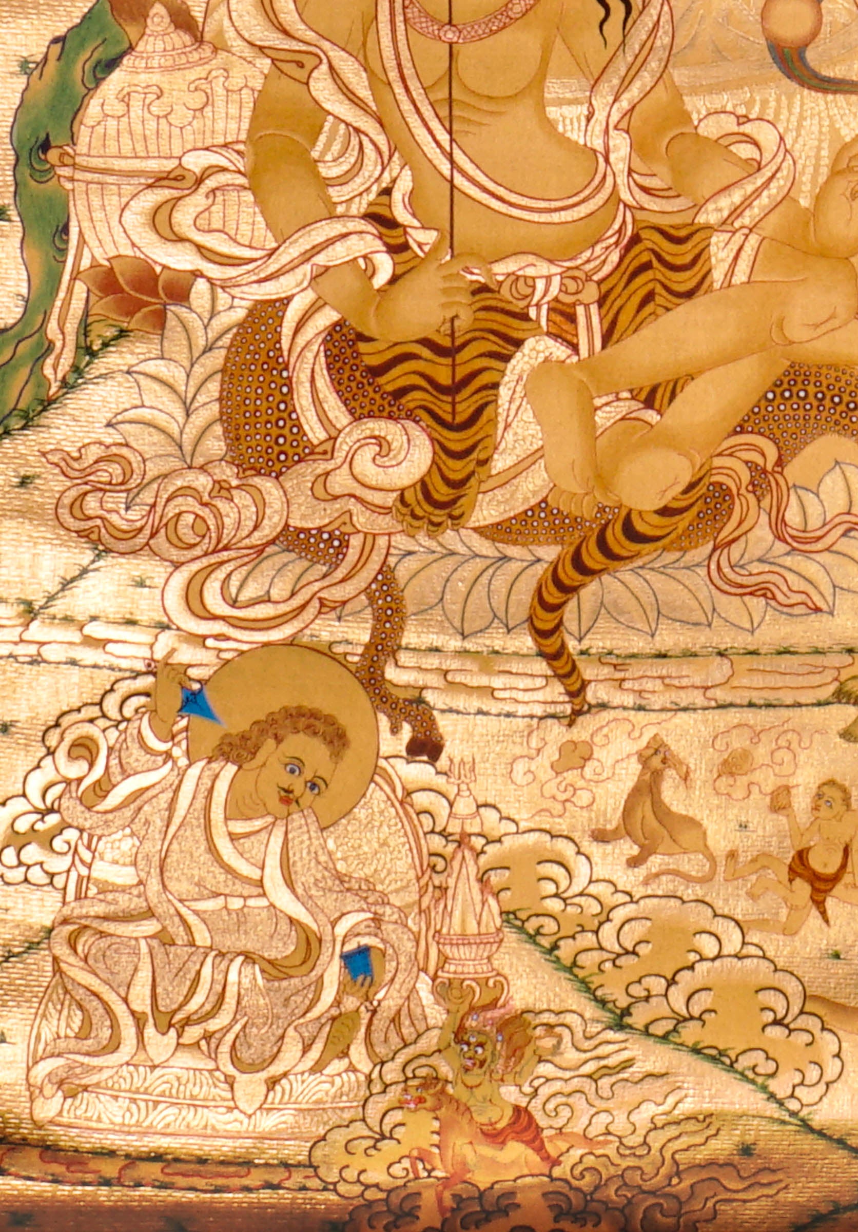Guru Tsengye thangka set depicting the Eight Manifestations of Guru Padmasambhava in traditional Newari style with gold background, lineage figures, wrathful deities, lotus thrones, and intricate Vajrayana Buddhist symbolism.
