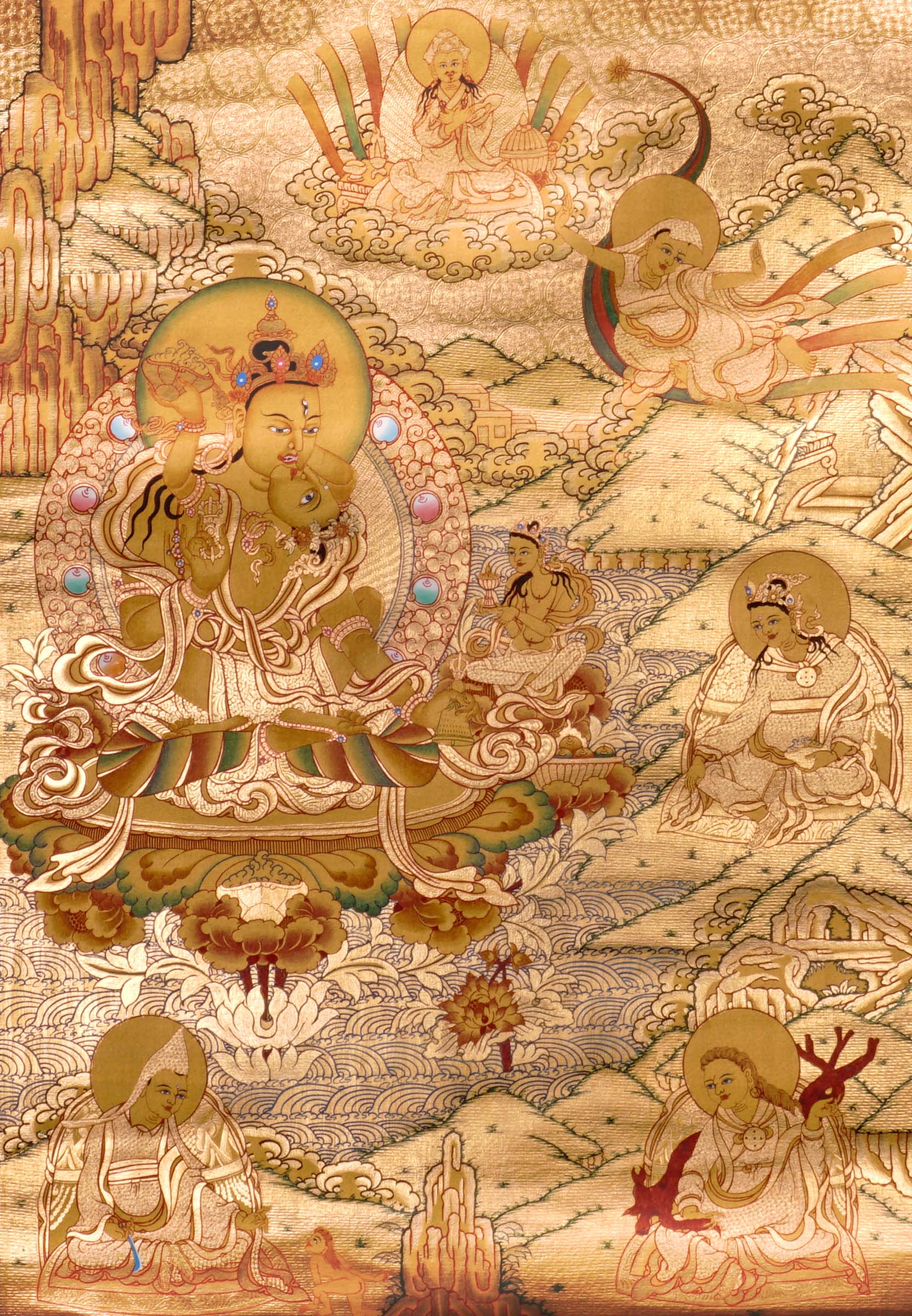 Guru Tsengye thangka set depicting the Eight Manifestations of Guru Padmasambhava in traditional Newari style with gold background, lineage figures, wrathful deities, lotus thrones, and intricate Vajrayana Buddhist symbolism.