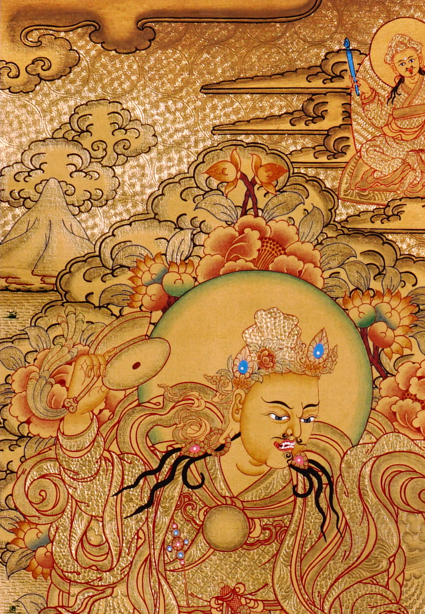Guru Tsengye thangka set depicting the Eight Manifestations of Guru Padmasambhava in traditional Newari style with gold background, lineage figures, wrathful deities, lotus thrones, and intricate Vajrayana Buddhist symbolism.