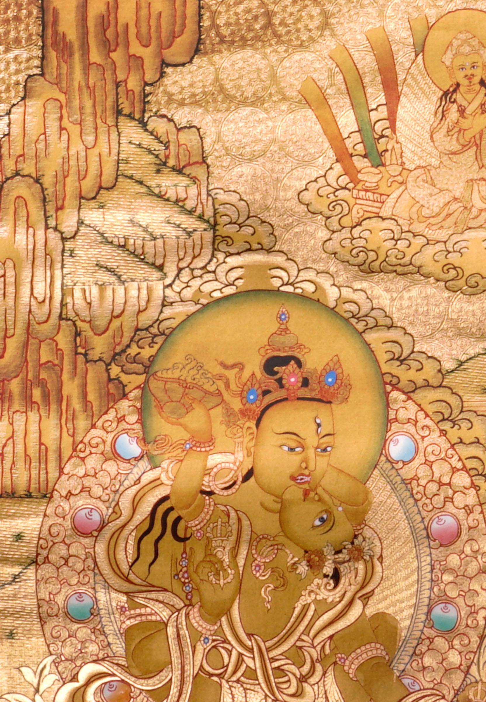Guru Tsengye thangka set depicting the Eight Manifestations of Guru Padmasambhava in traditional Newari style with gold background, lineage figures, wrathful deities, lotus thrones, and intricate Vajrayana Buddhist symbolism.