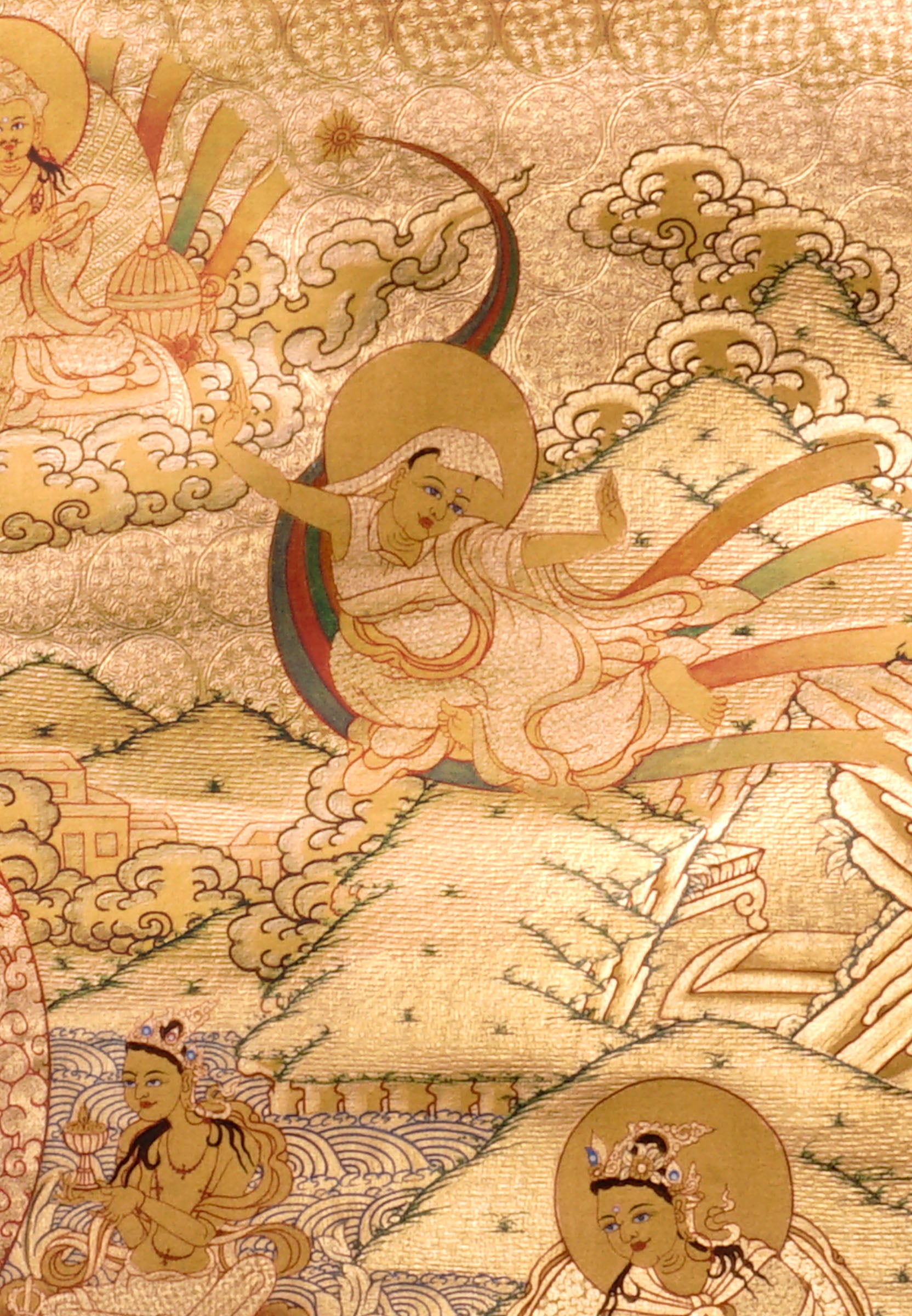 Guru Tsengye thangka set depicting the Eight Manifestations of Guru Padmasambhava in traditional Newari style with gold background, lineage figures, wrathful deities, lotus thrones, and intricate Vajrayana Buddhist symbolism.