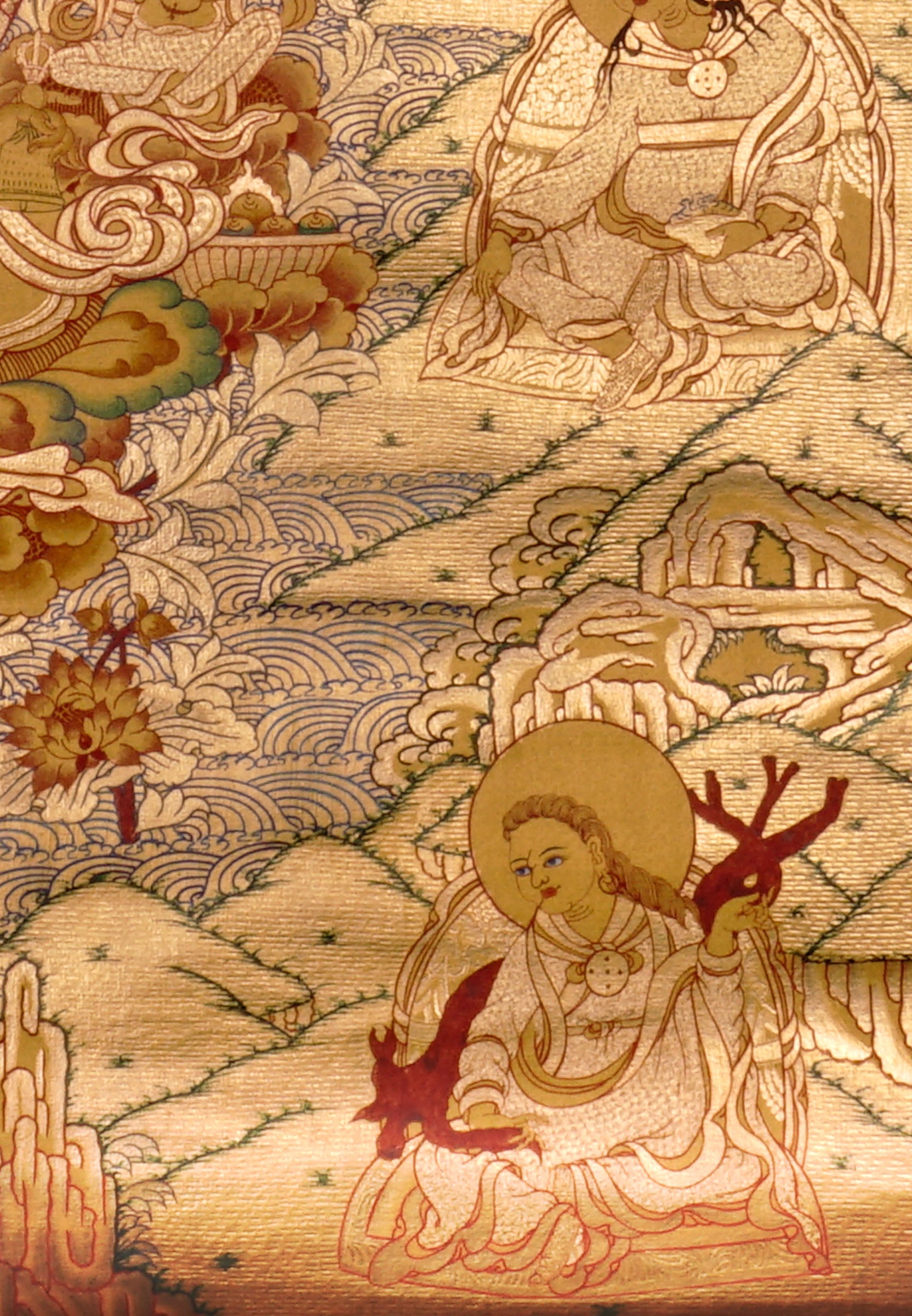 Guru Tsengye thangka set depicting the Eight Manifestations of Guru Padmasambhava in traditional Newari style with gold background, lineage figures, wrathful deities, lotus thrones, and intricate Vajrayana Buddhist symbolism.