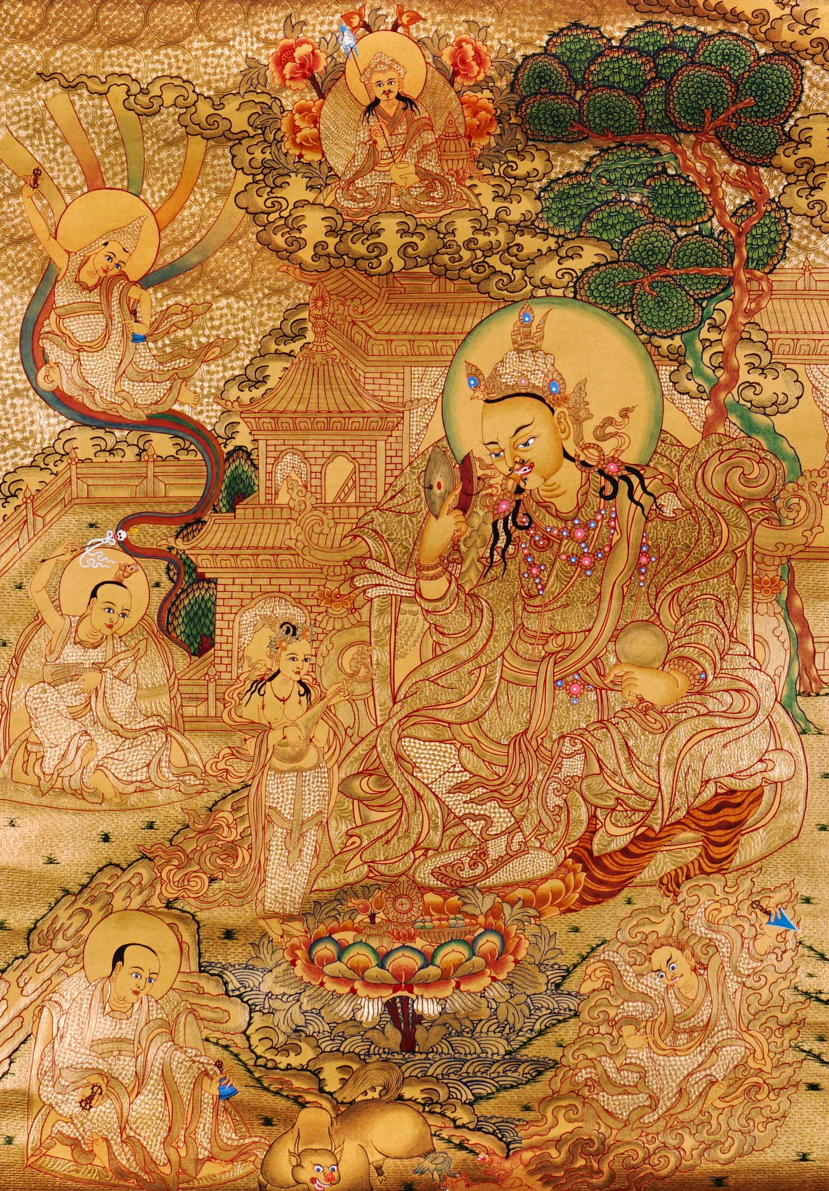 Guru Tsengye thangka set depicting the Eight Manifestations of Guru Padmasambhava in traditional Newari style with gold background, lineage figures, wrathful deities, lotus thrones, and intricate Vajrayana Buddhist symbolism.