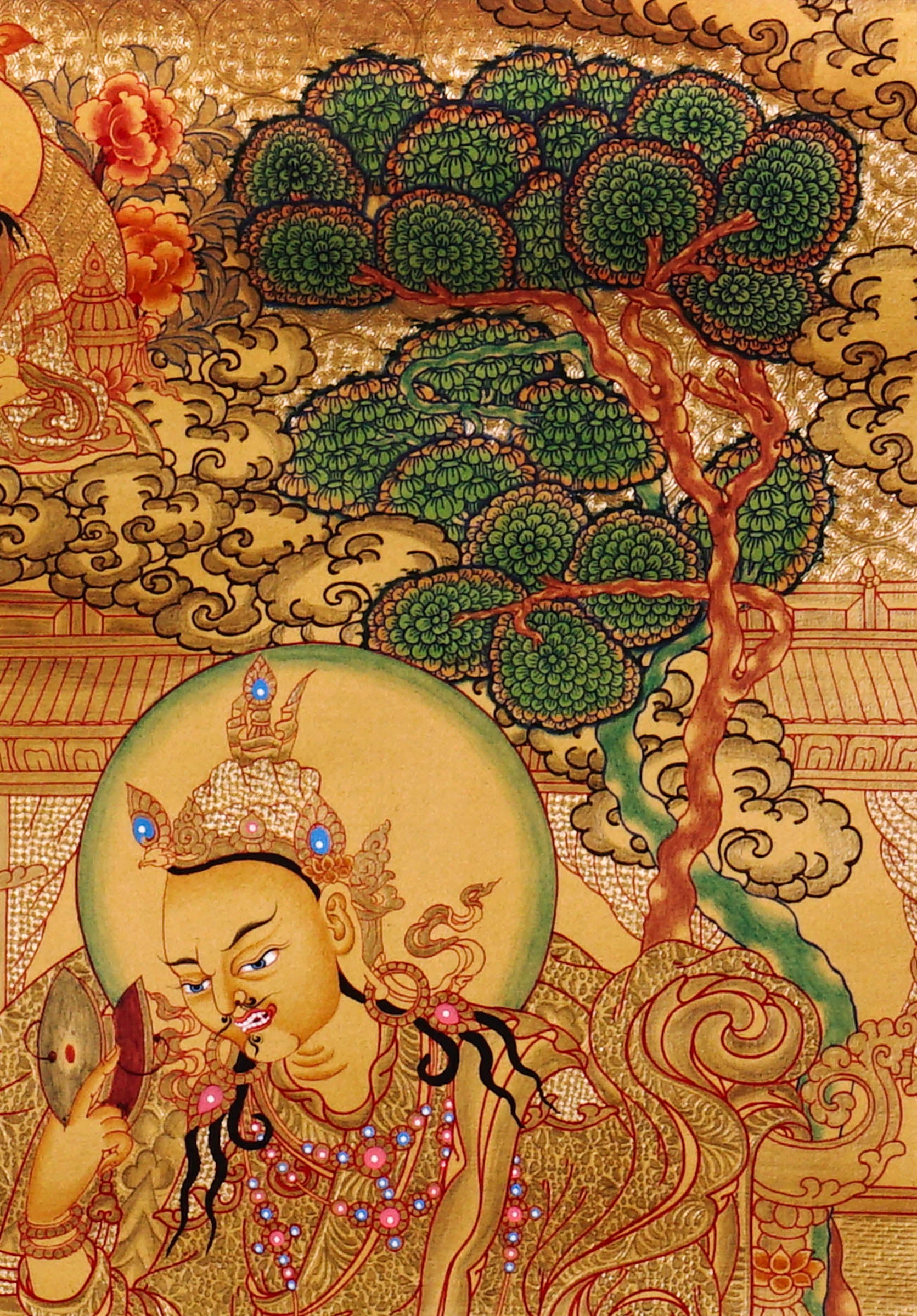 Guru Tsengye thangka set depicting the Eight Manifestations of Guru Padmasambhava in traditional Newari style with gold background, lineage figures, wrathful deities, lotus thrones, and intricate Vajrayana Buddhist symbolism.