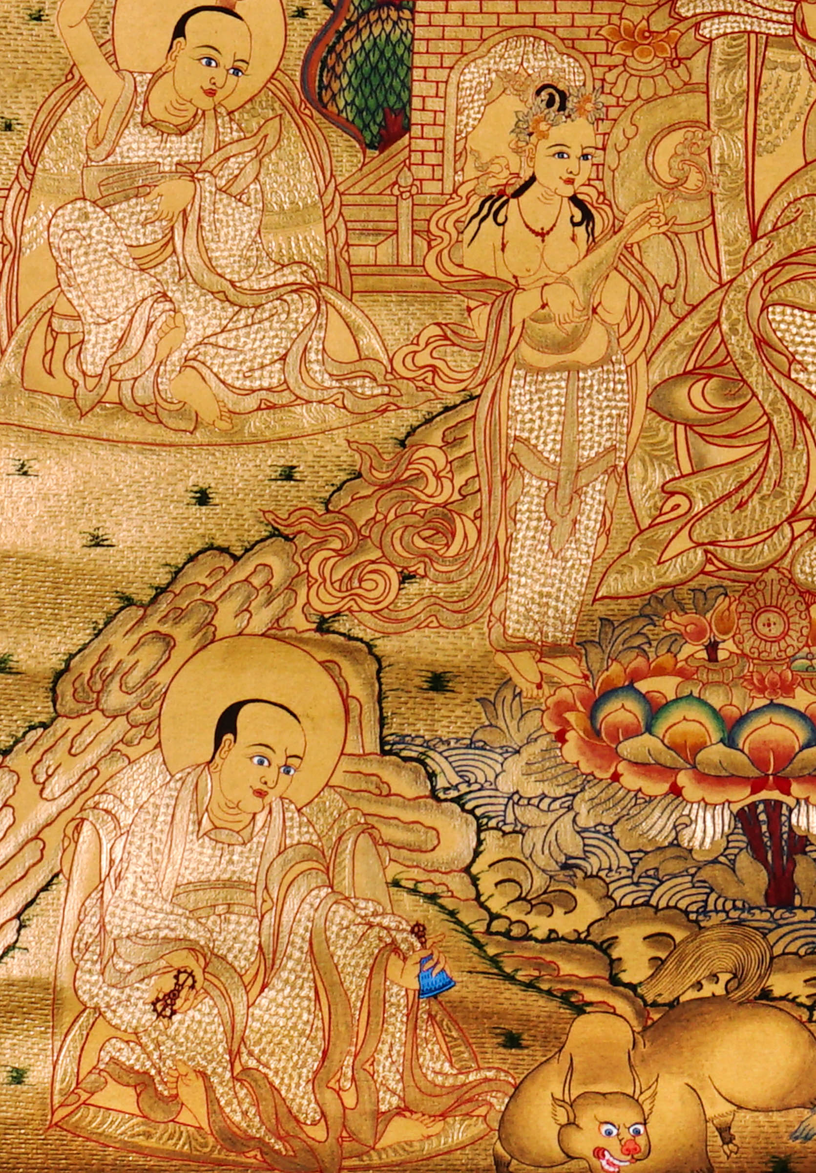 Guru Tsengye thangka set depicting the Eight Manifestations of Guru Padmasambhava in traditional Newari style with gold background, lineage figures, wrathful deities, lotus thrones, and intricate Vajrayana Buddhist symbolism.