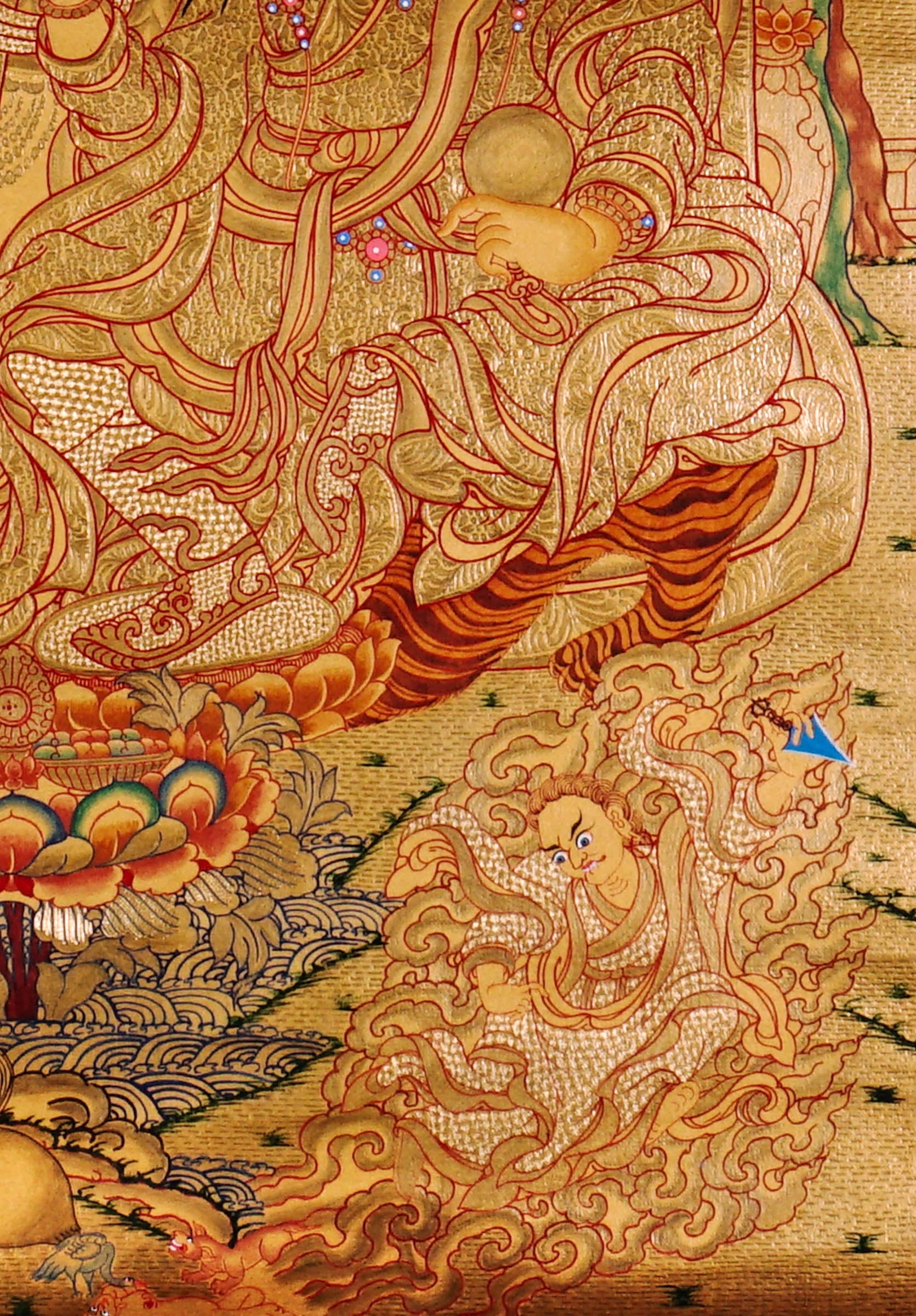 Guru Tsengye thangka set depicting the Eight Manifestations of Guru Padmasambhava in traditional Newari style with gold background, lineage figures, wrathful deities, lotus thrones, and intricate Vajrayana Buddhist symbolism.
