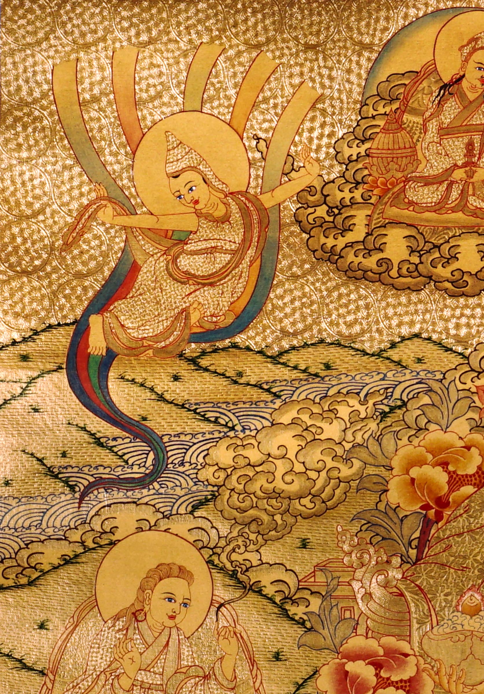Guru Tsengye thangka set depicting the Eight Manifestations of Guru Padmasambhava in traditional Newari style with gold background, lineage figures, wrathful deities, lotus thrones, and intricate Vajrayana Buddhist symbolism.