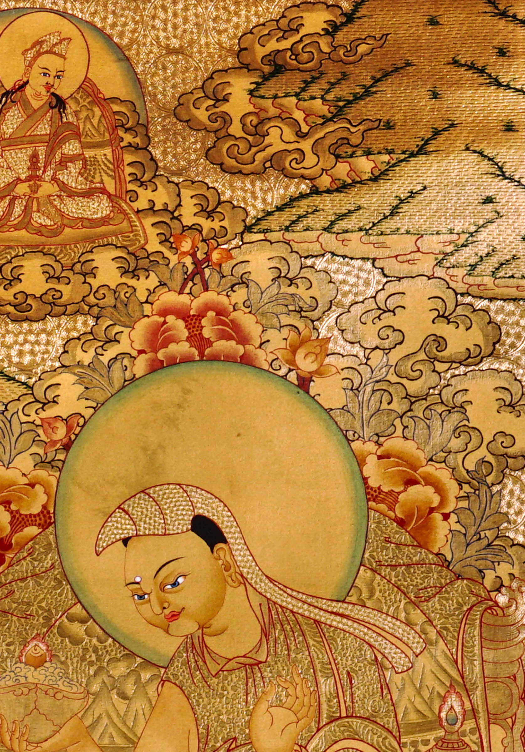 Guru Tsengye thangka set depicting the Eight Manifestations of Guru Padmasambhava in traditional Newari style with gold background, lineage figures, wrathful deities, lotus thrones, and intricate Vajrayana Buddhist symbolism.