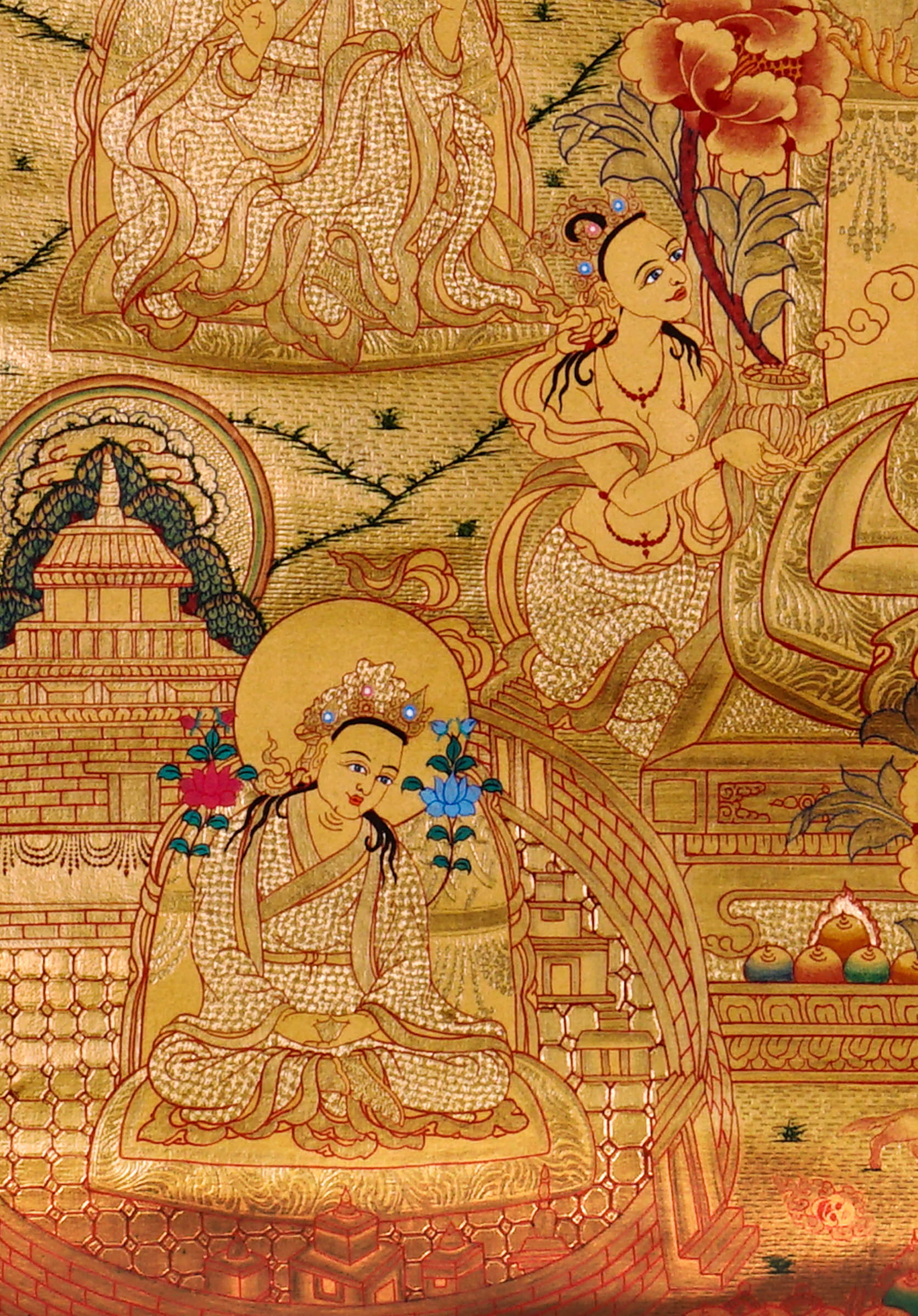 Guru Tsengye thangka set depicting the Eight Manifestations of Guru Padmasambhava in traditional Newari style with gold background, lineage figures, wrathful deities, lotus thrones, and intricate Vajrayana Buddhist symbolism.