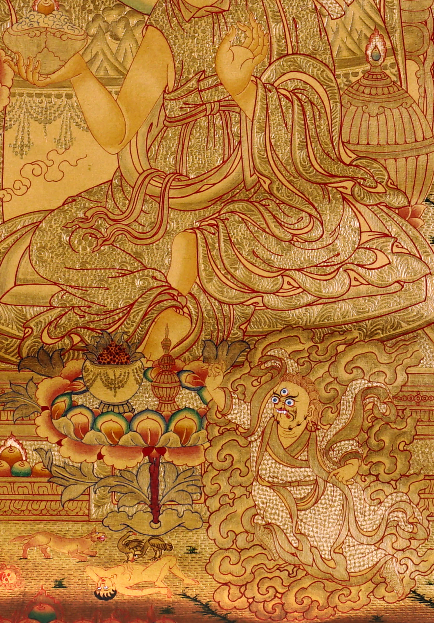 Guru Tsengye thangka set depicting the Eight Manifestations of Guru Padmasambhava in traditional Newari style with gold background, lineage figures, wrathful deities, lotus thrones, and intricate Vajrayana Buddhist symbolism.