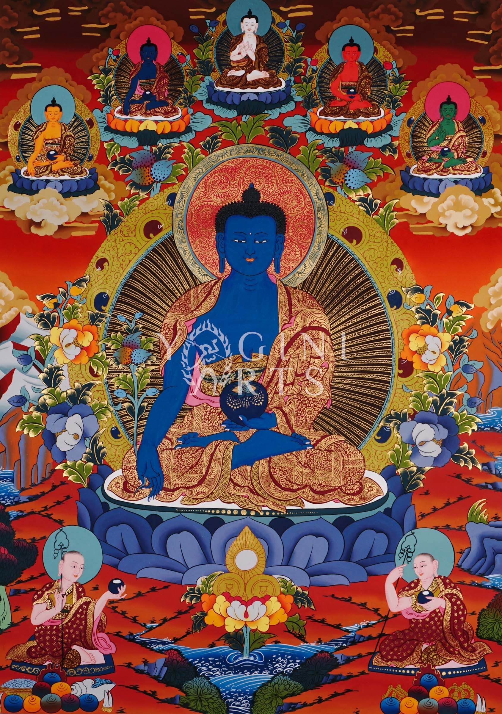 Tibetan Medicine Buddha thangka featuring the blue Healing Buddha seated in meditation surrounded by Five Dhyani Buddhas and intricate gold detailing