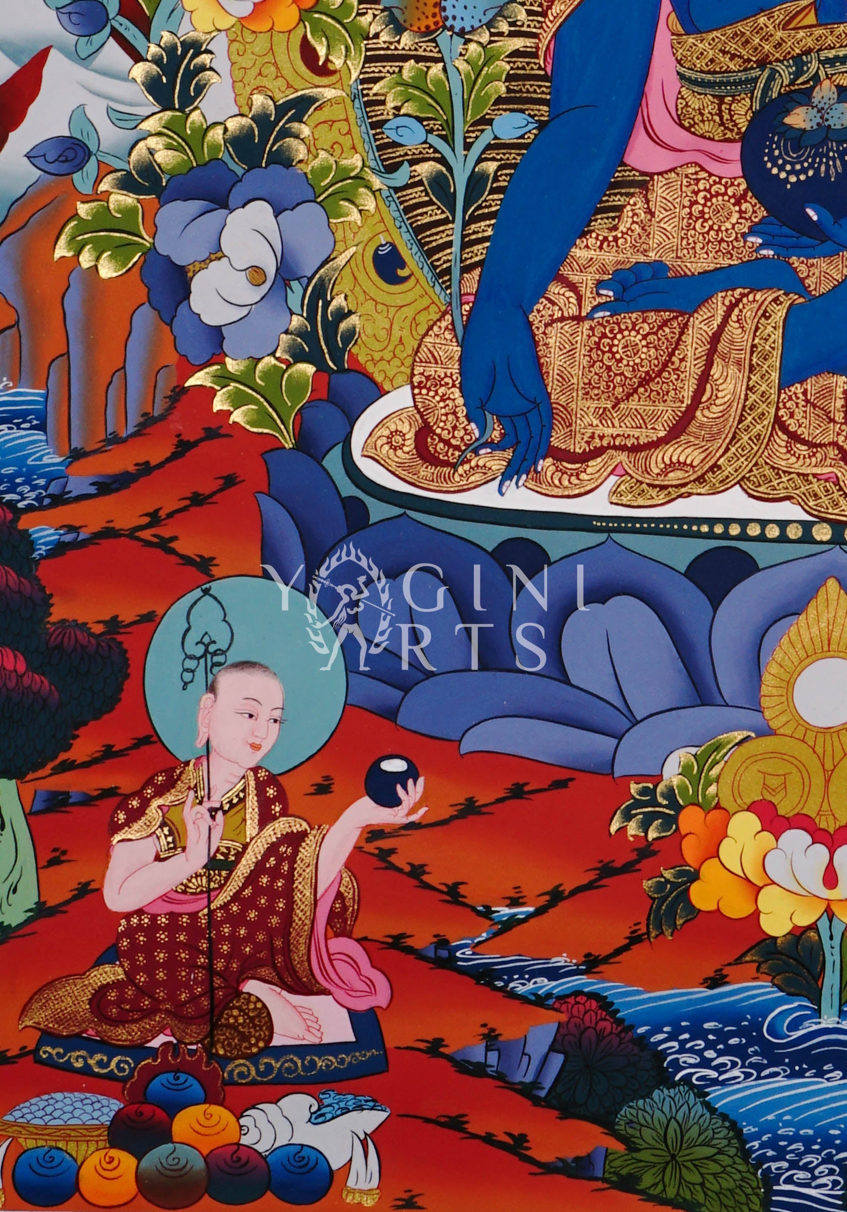 Tibetan Medicine Buddha thangka featuring the blue Healing Buddha seated in meditation surrounded by Five Dhyani Buddhas and intricate gold detailing