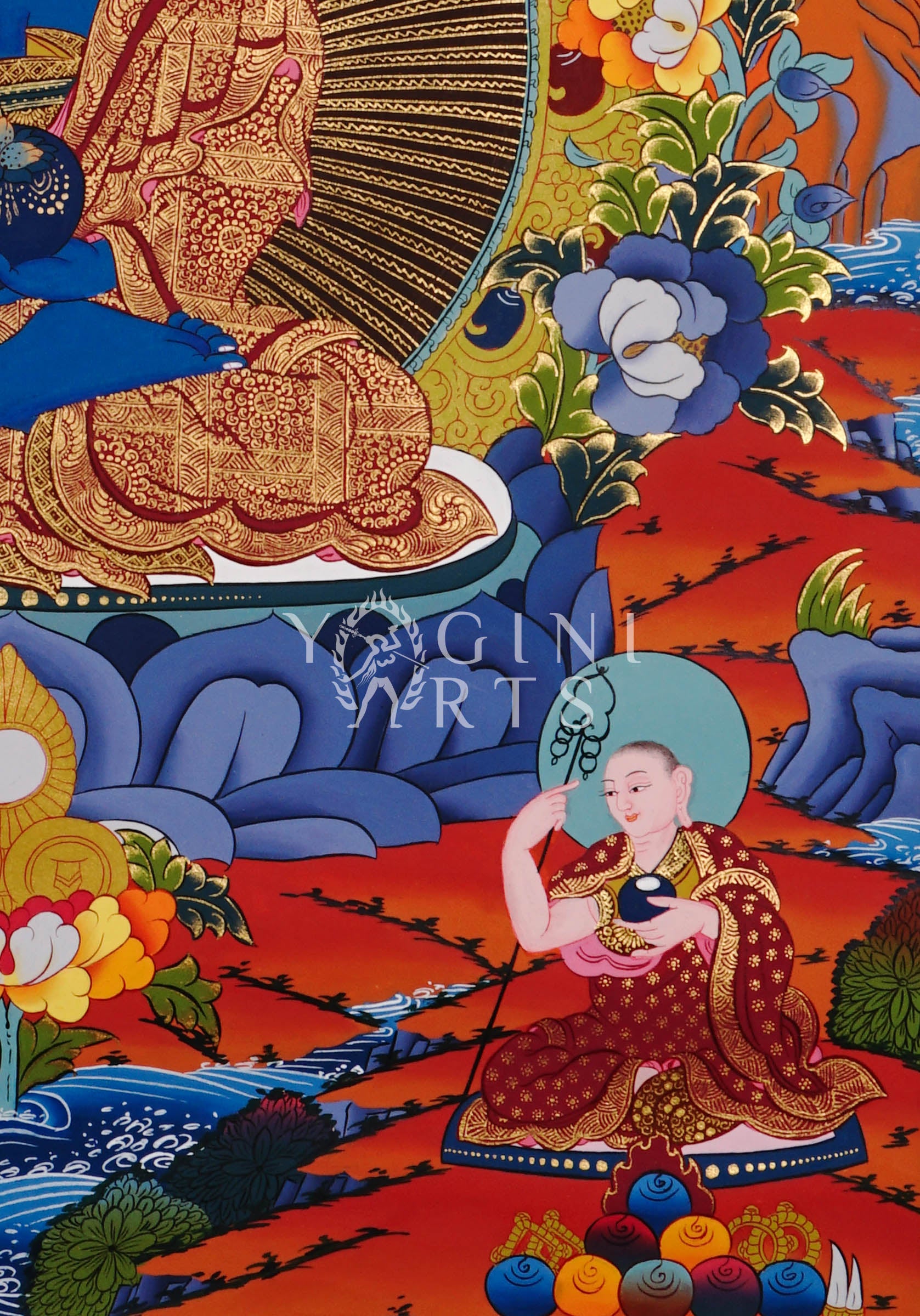 Tibetan Medicine Buddha thangka featuring the blue Healing Buddha seated in meditation surrounded by Five Dhyani Buddhas and intricate gold detailing