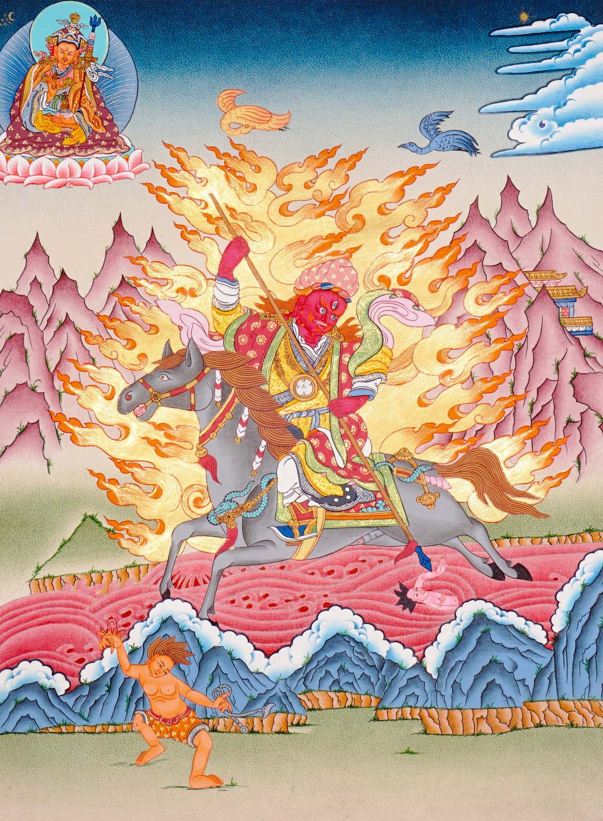 King Gesar Thangka depicting the legendary Tibetan warrior king riding a gray horse through wisdom flames beneath the blessings of Guru Rinpoche.