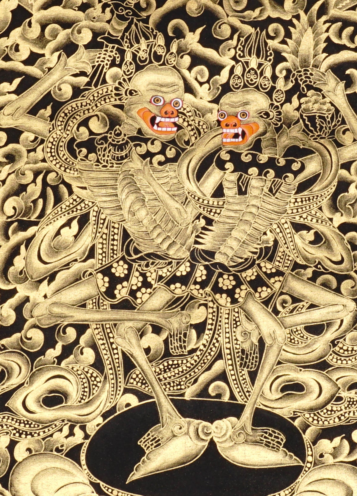 Hand-painted Citipati Skeleton Dance Thangka featuring the wrathful dancing skeletal Dharma protectors in traditional black and gold Tibetan Buddhist style.