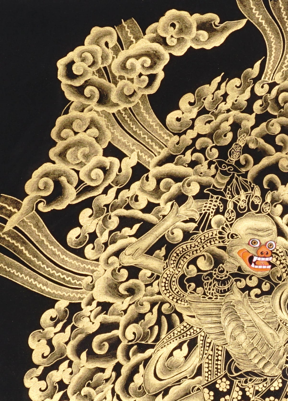 Hand-painted Citipati Skeleton Dance Thangka featuring the wrathful dancing skeletal Dharma protectors in traditional black and gold Tibetan Buddhist style.