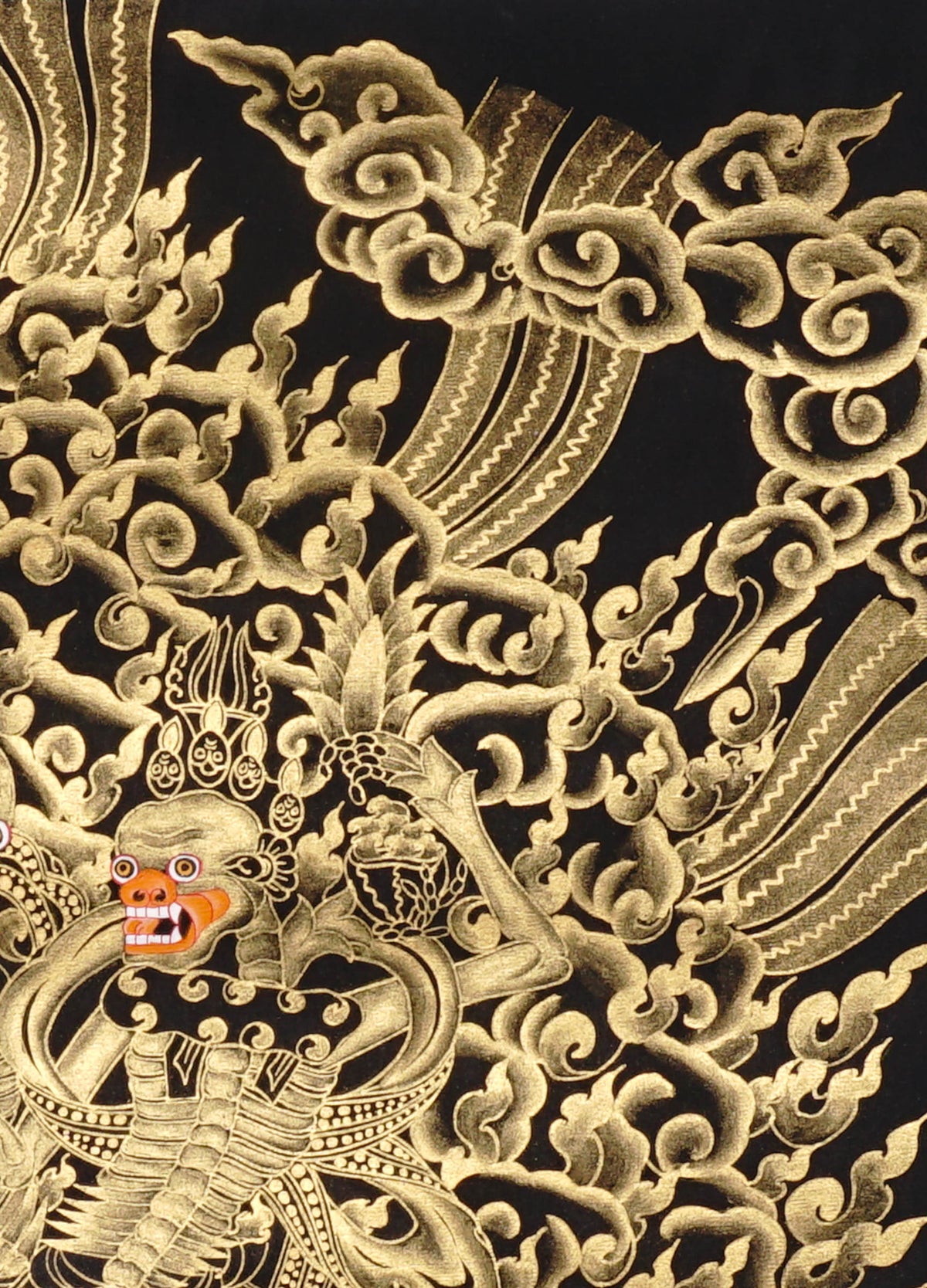 Hand-painted Citipati Skeleton Dance Thangka featuring the wrathful dancing skeletal Dharma protectors in traditional black and gold Tibetan Buddhist style.
