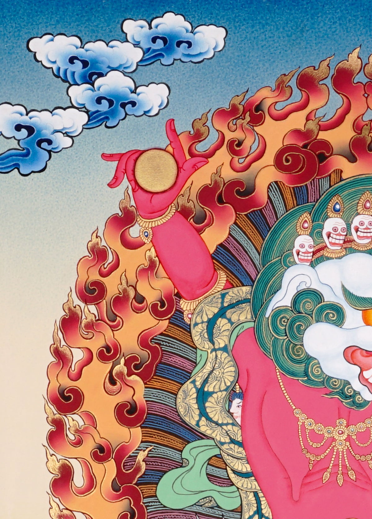 Hand-painted Simhamukha Thangka depicting the Lion-Faced Dakini surrounded by wisdom flames, symbolizing fearless wisdom and spiritual protection in Tibetan Buddhism.