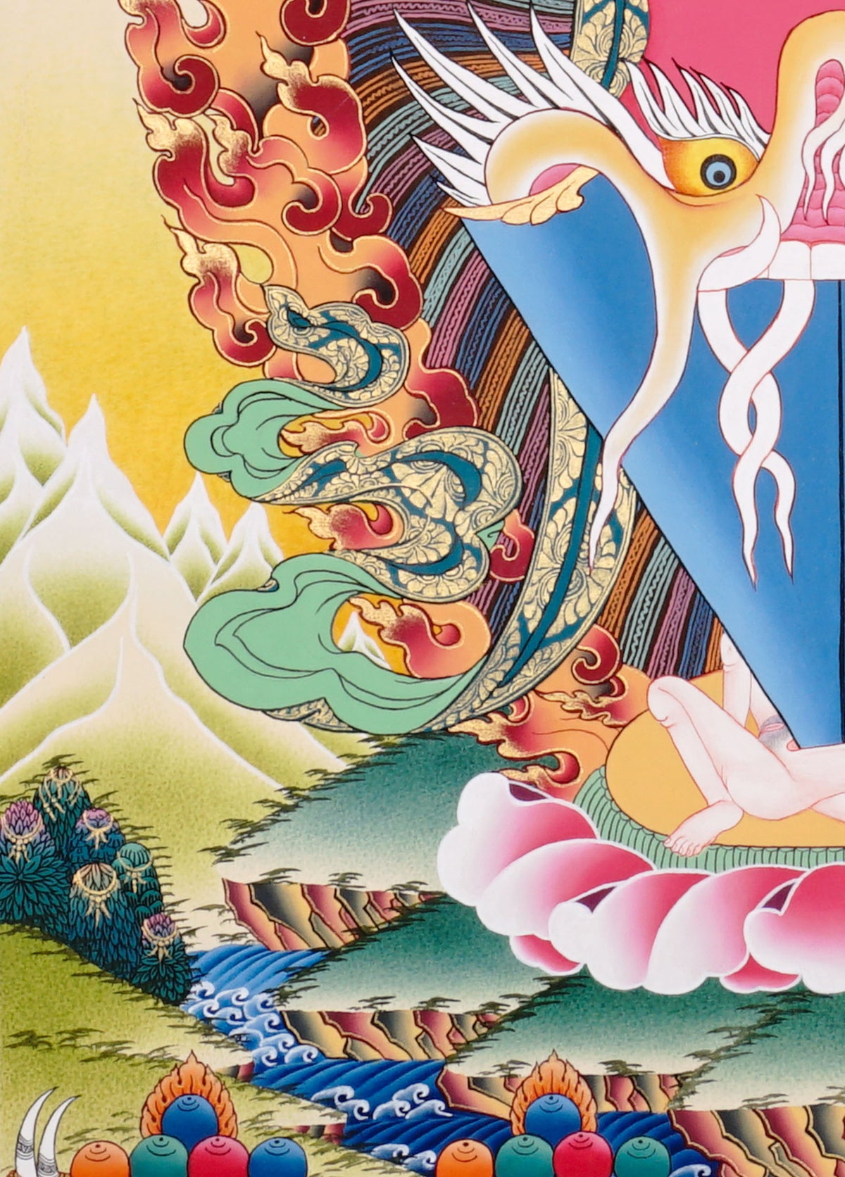 Hand-painted Simhamukha Thangka depicting the Lion-Faced Dakini surrounded by wisdom flames, symbolizing fearless wisdom and spiritual protection in Tibetan Buddhism.