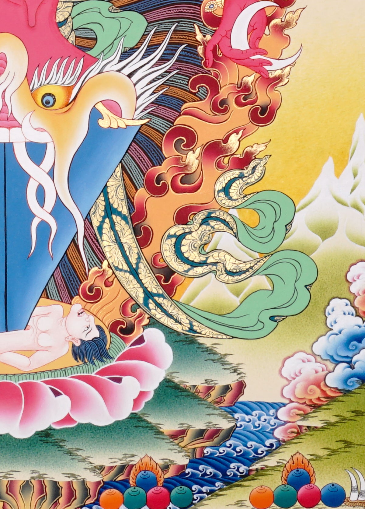 Hand-painted Simhamukha Thangka depicting the Lion-Faced Dakini surrounded by wisdom flames, symbolizing fearless wisdom and spiritual protection in Tibetan Buddhism.