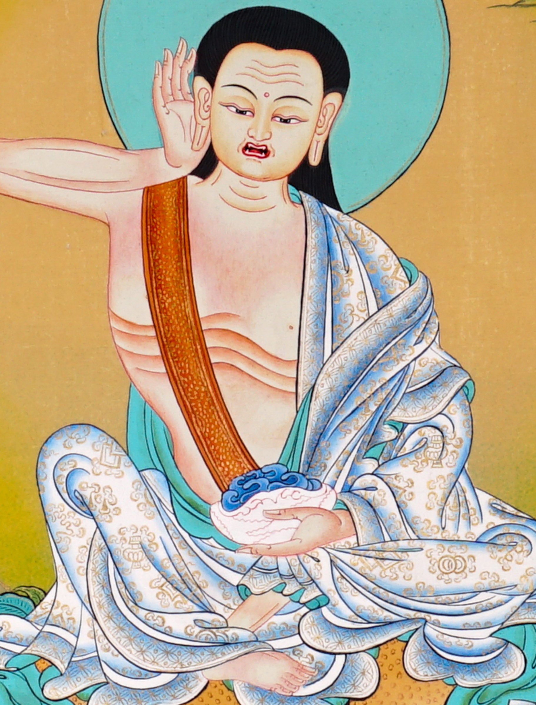 Hand-painted 60x45cm Milarepa thangka showing Jetsun Milarepa seated on deer skin with listening gesture and Himalayan landscape background.