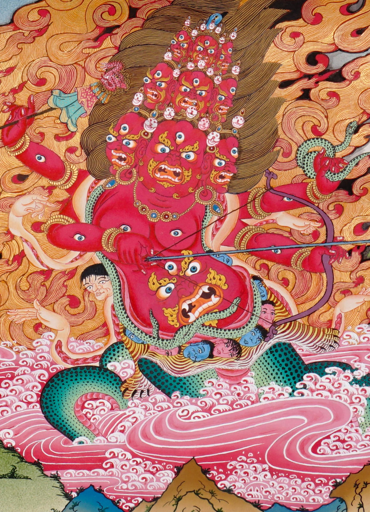 Rahula Thangka depicting the wrathful Dharma Protector with multiple faces, countless eyes, serpent body, and blazing wisdom flames in traditional Tibetan Buddhist art.