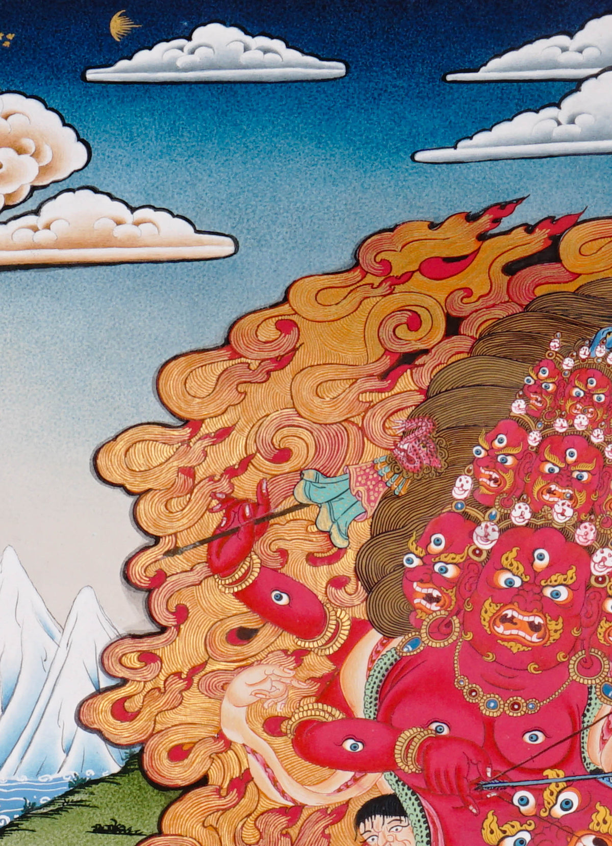Rahula Thangka depicting the wrathful Dharma Protector with multiple faces, countless eyes, serpent body, and blazing wisdom flames in traditional Tibetan Buddhist art.