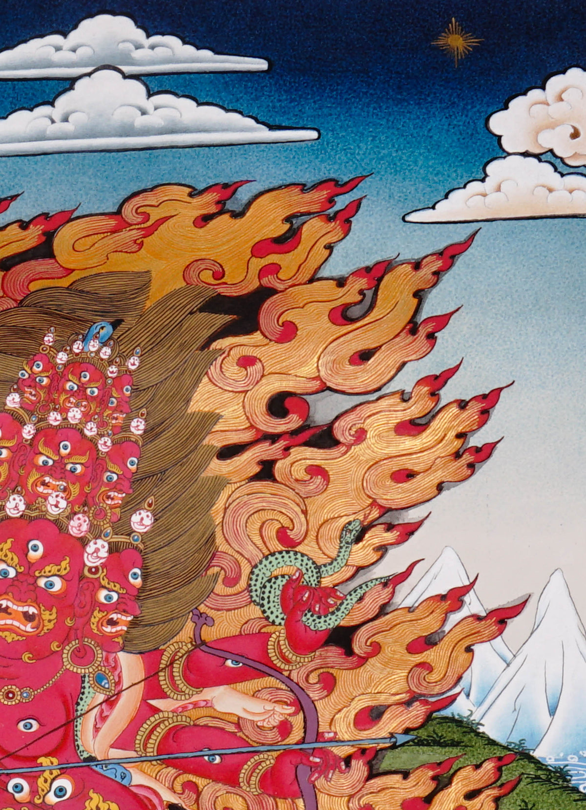 Rahula Thangka depicting the wrathful Dharma Protector with multiple faces, countless eyes, serpent body, and blazing wisdom flames in traditional Tibetan Buddhist art.