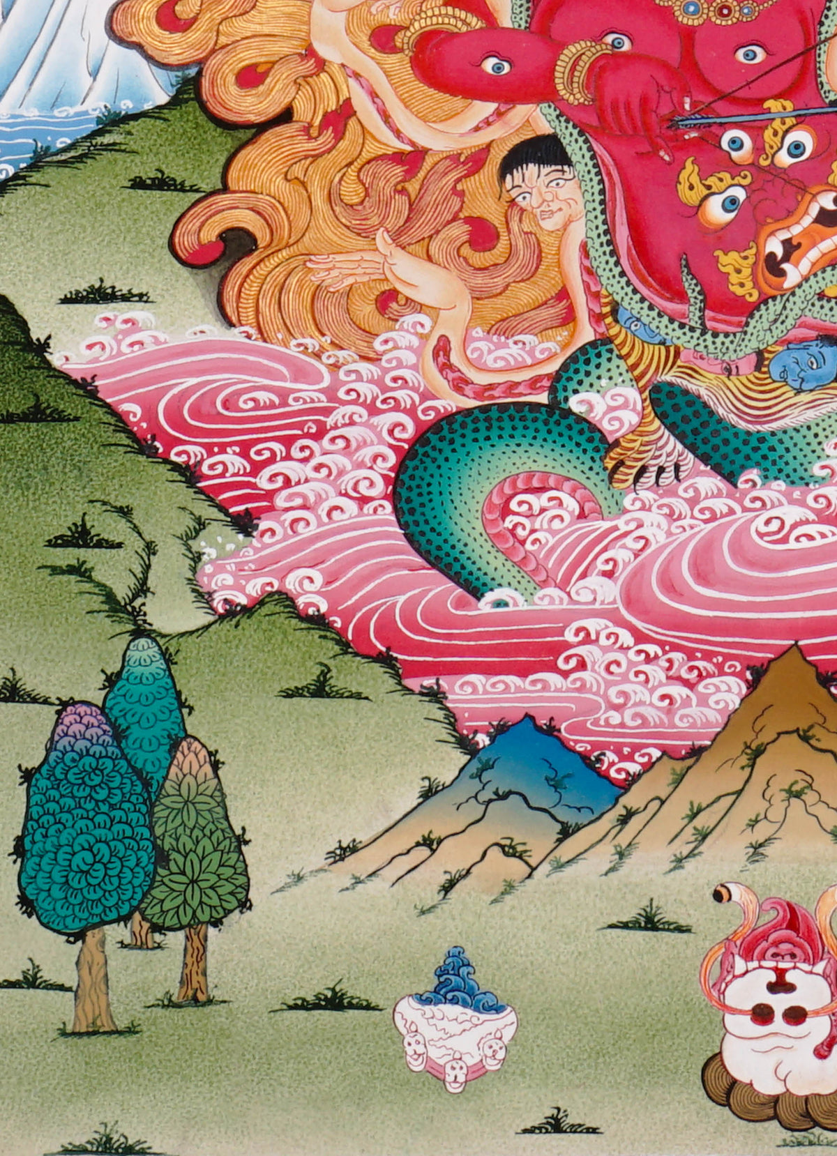 Rahula Thangka depicting the wrathful Dharma Protector with multiple faces, countless eyes, serpent body, and blazing wisdom flames in traditional Tibetan Buddhist art.