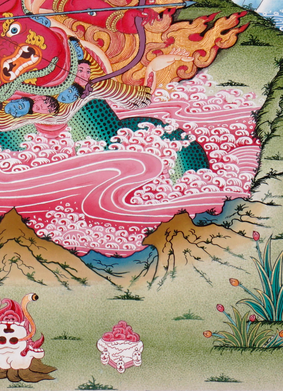 Rahula Thangka depicting the wrathful Dharma Protector with multiple faces, countless eyes, serpent body, and blazing wisdom flames in traditional Tibetan Buddhist art.