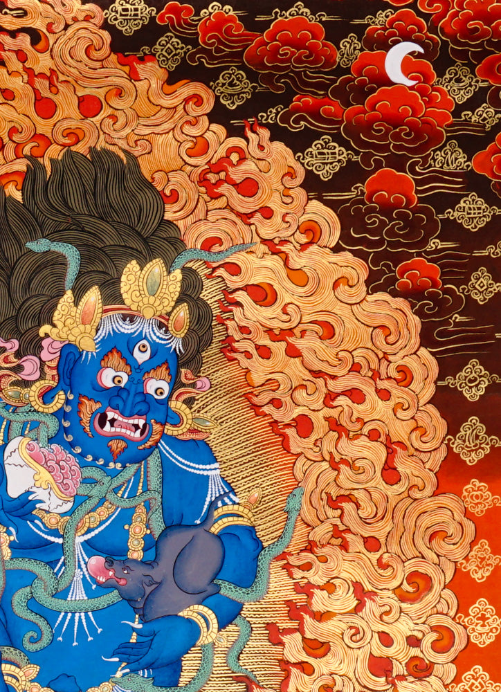 Hand-painted Black Zambhala thangka showing wrathful blue deity with flames, mongoose, and skull cup.