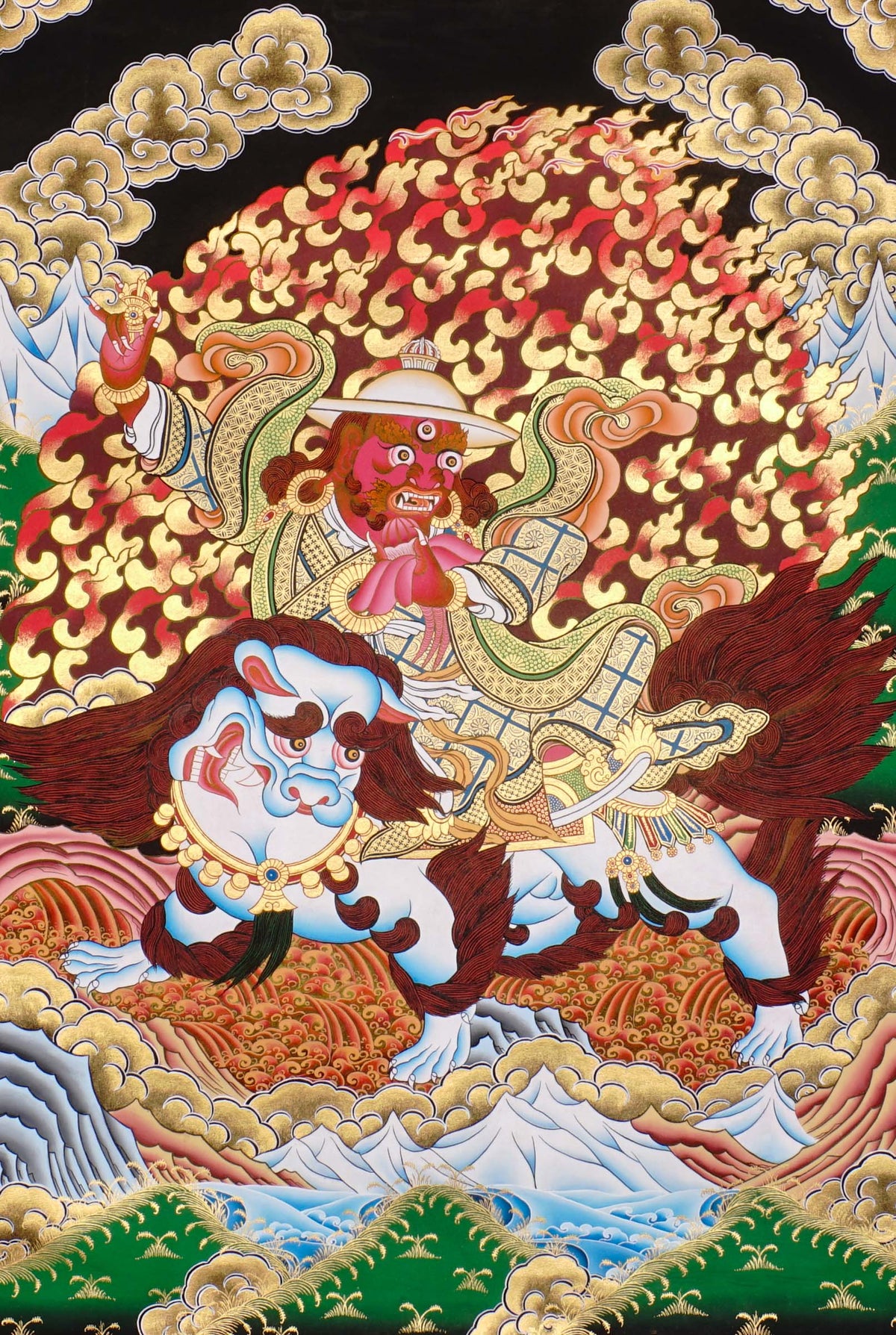 Dorje Drolö Thangka depicting the wrathful manifestation of Guru Rinpoche riding a white tigress amidst wisdom flames and sacred clouds.