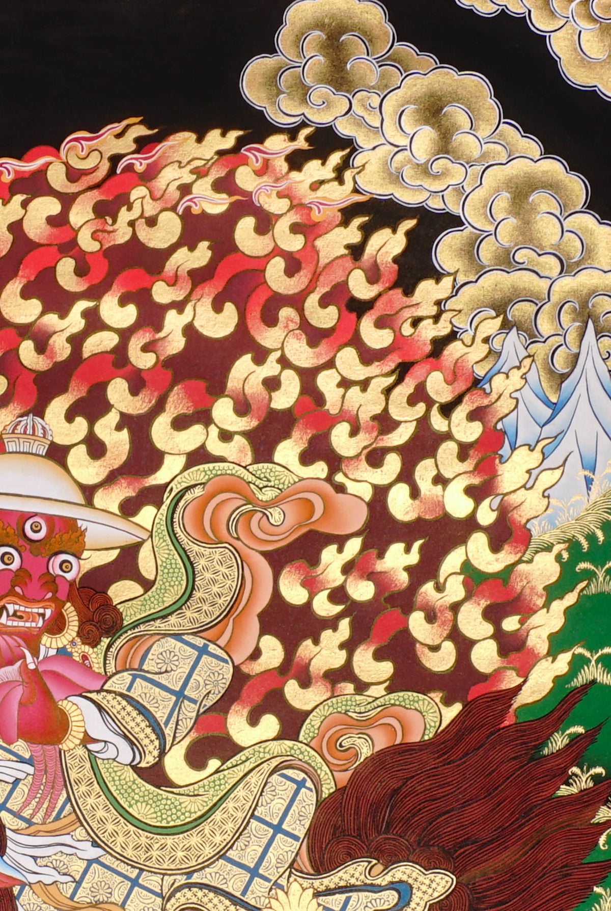 Dorje Drolö Thangka depicting the wrathful manifestation of Guru Rinpoche riding a white tigress amidst wisdom flames and sacred clouds.