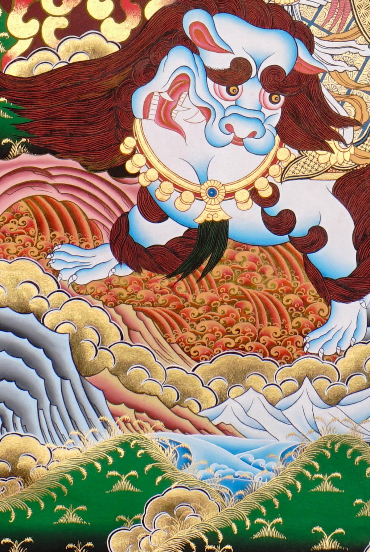 Dorje Drolö Thangka depicting the wrathful manifestation of Guru Rinpoche riding a white tigress amidst wisdom flames and sacred clouds.