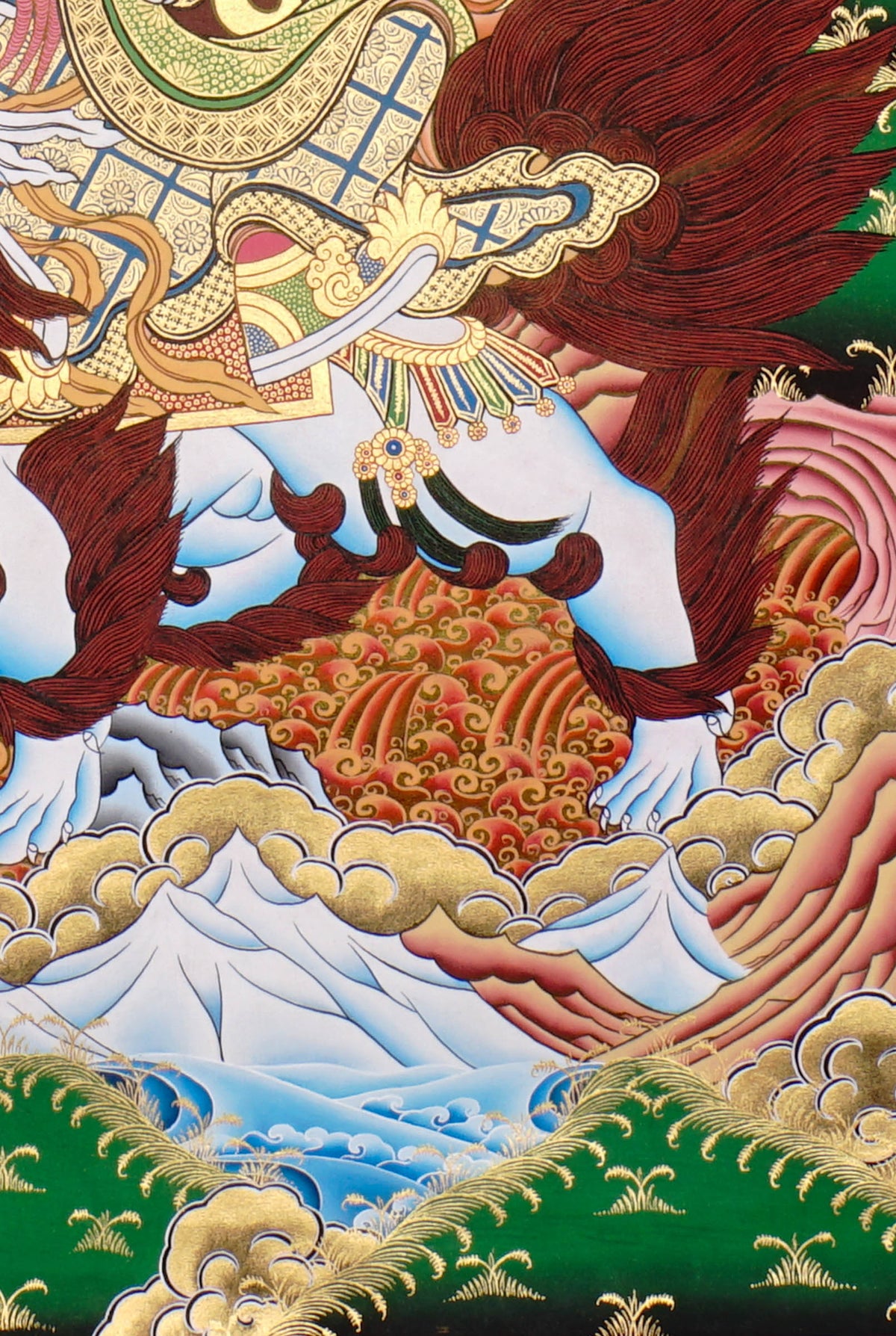 Dorje Drolö Thangka depicting the wrathful manifestation of Guru Rinpoche riding a white tigress amidst wisdom flames and sacred clouds.