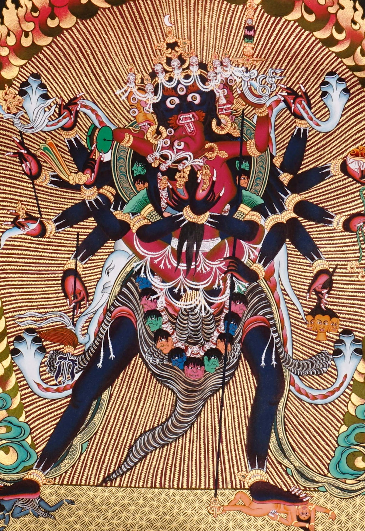 Chakrasamvara Thangka depicting the multi-armed tantric deity in union with Vajravarahi, surrounded by wisdom flames and sacred symbolism in traditional Tibetan Buddhist art.