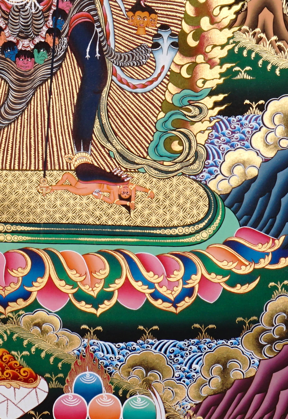 Chakrasamvara Thangka depicting the multi-armed tantric deity in union with Vajravarahi, surrounded by wisdom flames and sacred symbolism in traditional Tibetan Buddhist art.