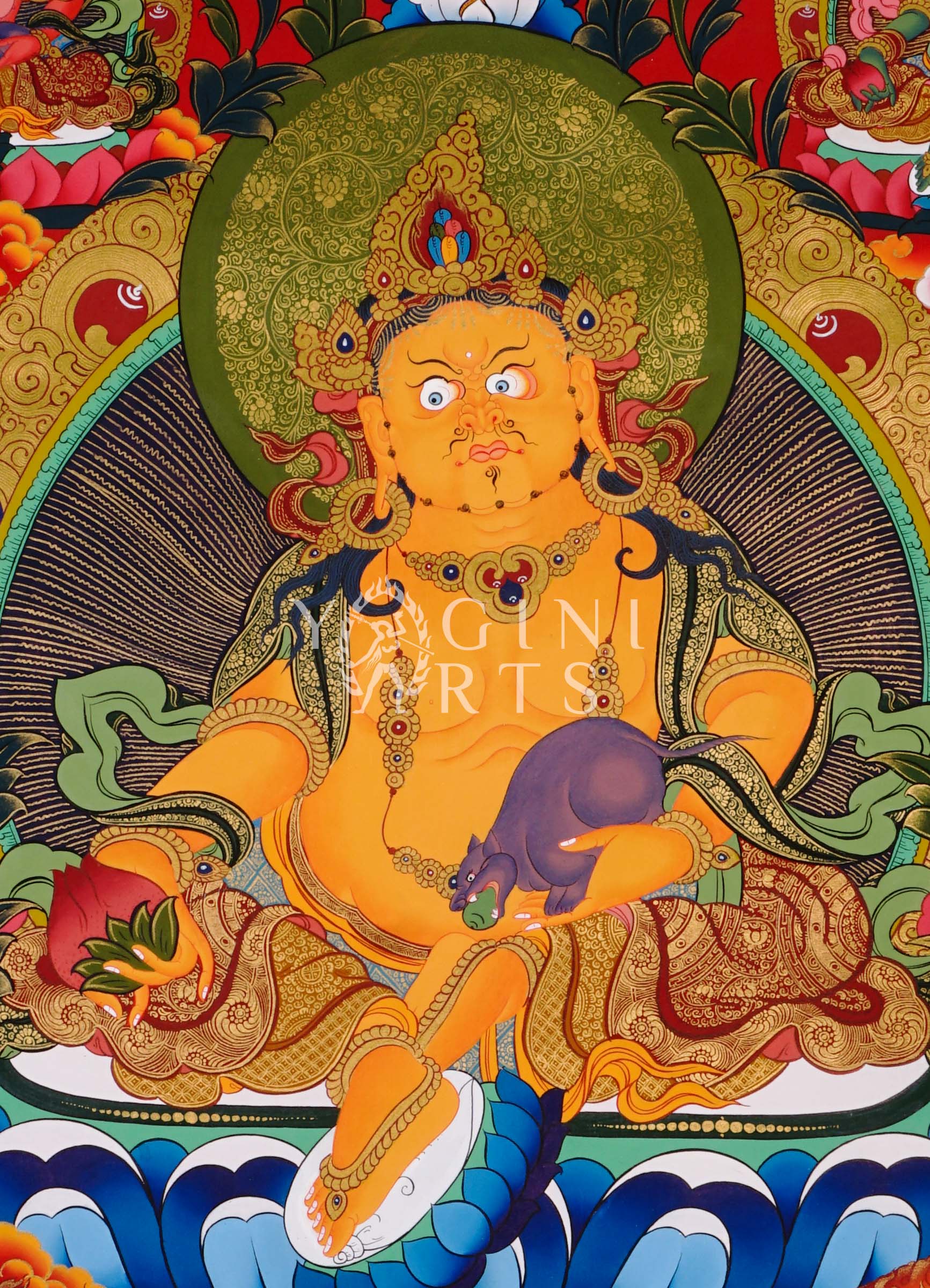 Yellow Zambhala Tibetan thangka featuring the Buddhist deity of wealth seated on a lotus throne with sacred gold detailing and prosperity symbolism