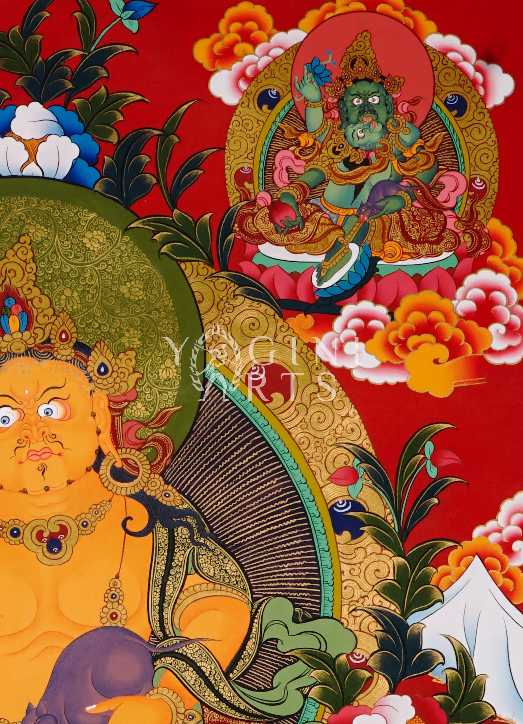 Yellow Zambhala Tibetan thangka featuring the Buddhist deity of wealth seated on a lotus throne with sacred gold detailing and prosperity symbolism